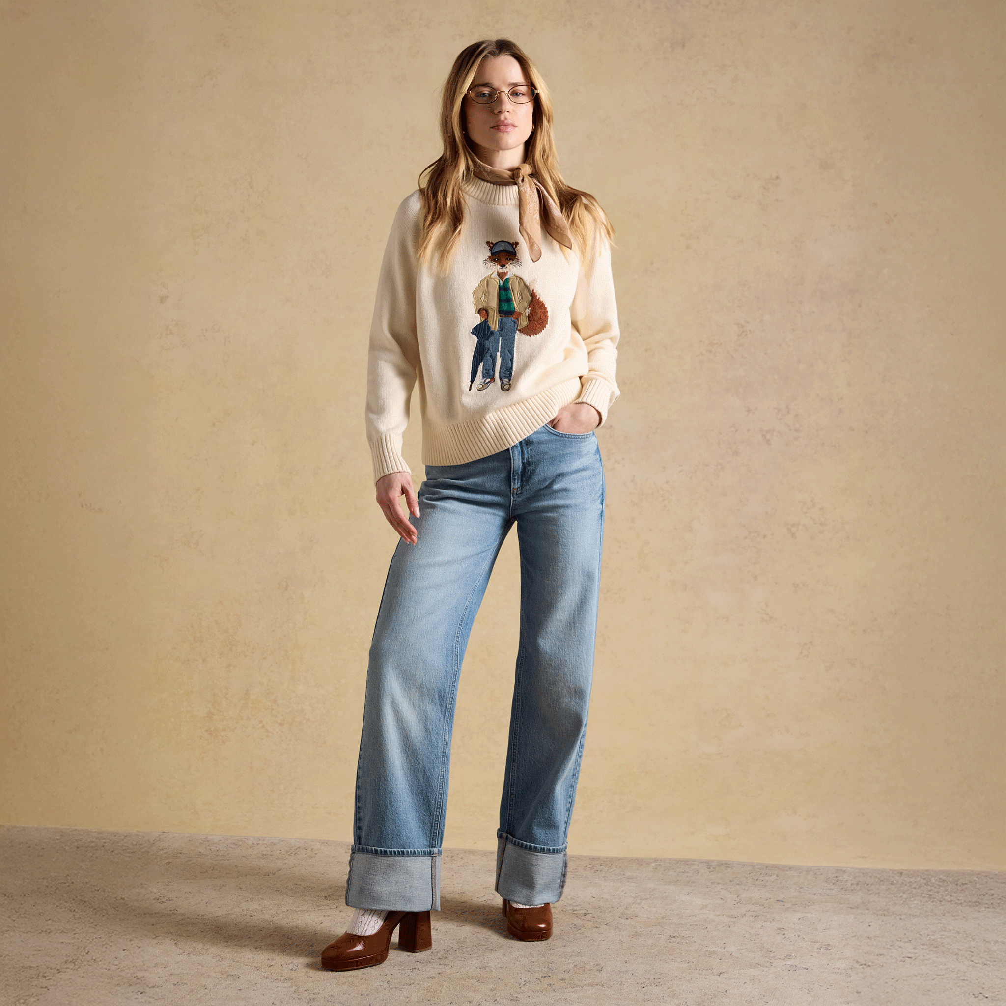 Joules Jonty Intarsia Knitted Crew Neck Jumper in Cream