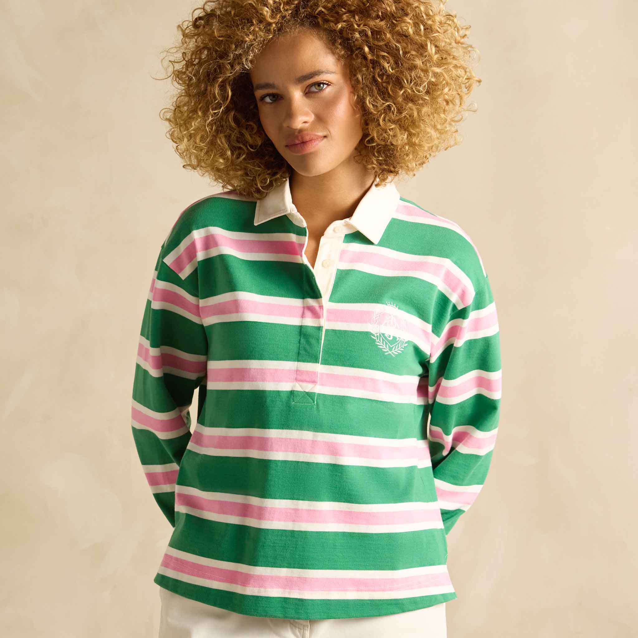 Joules Lara Boxy Fit Rugby Shirt Green-White