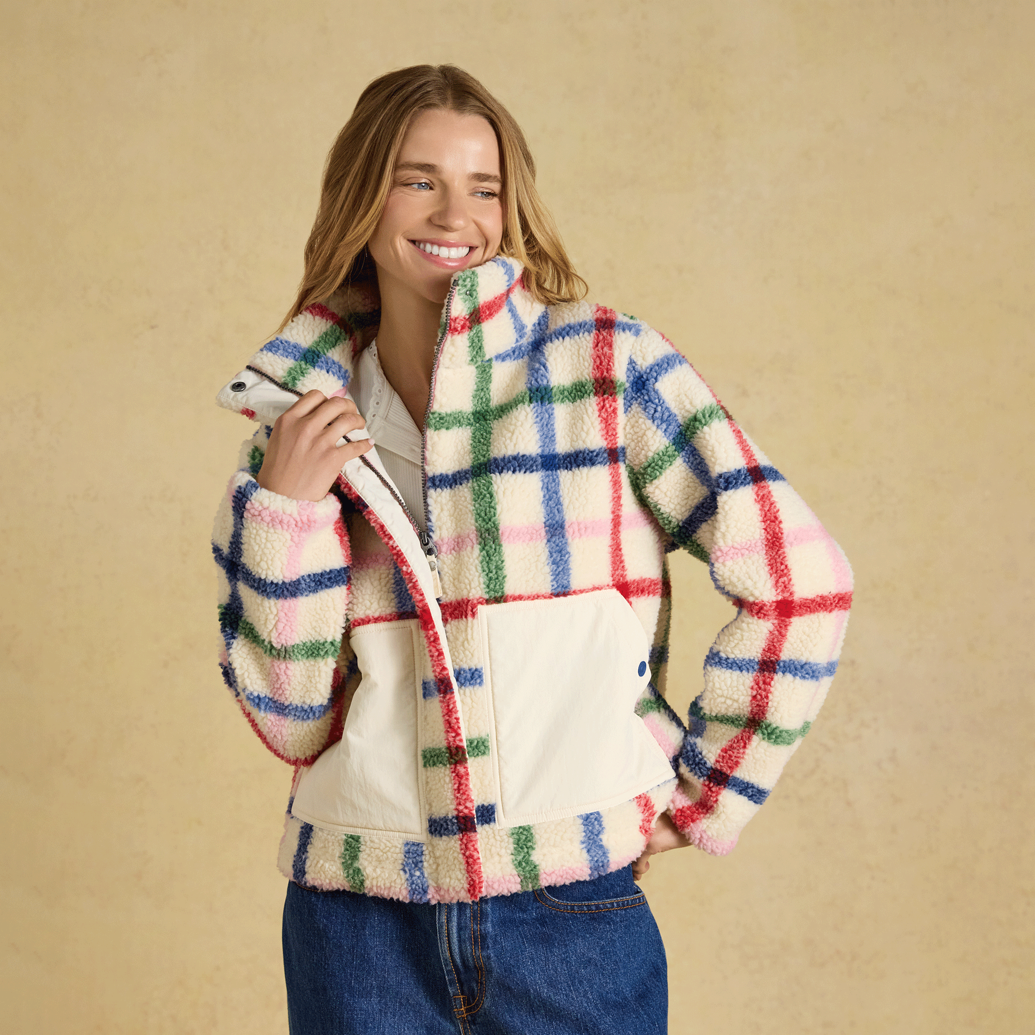 Joules Lottie Zip Through Borg Fleece Cream Check