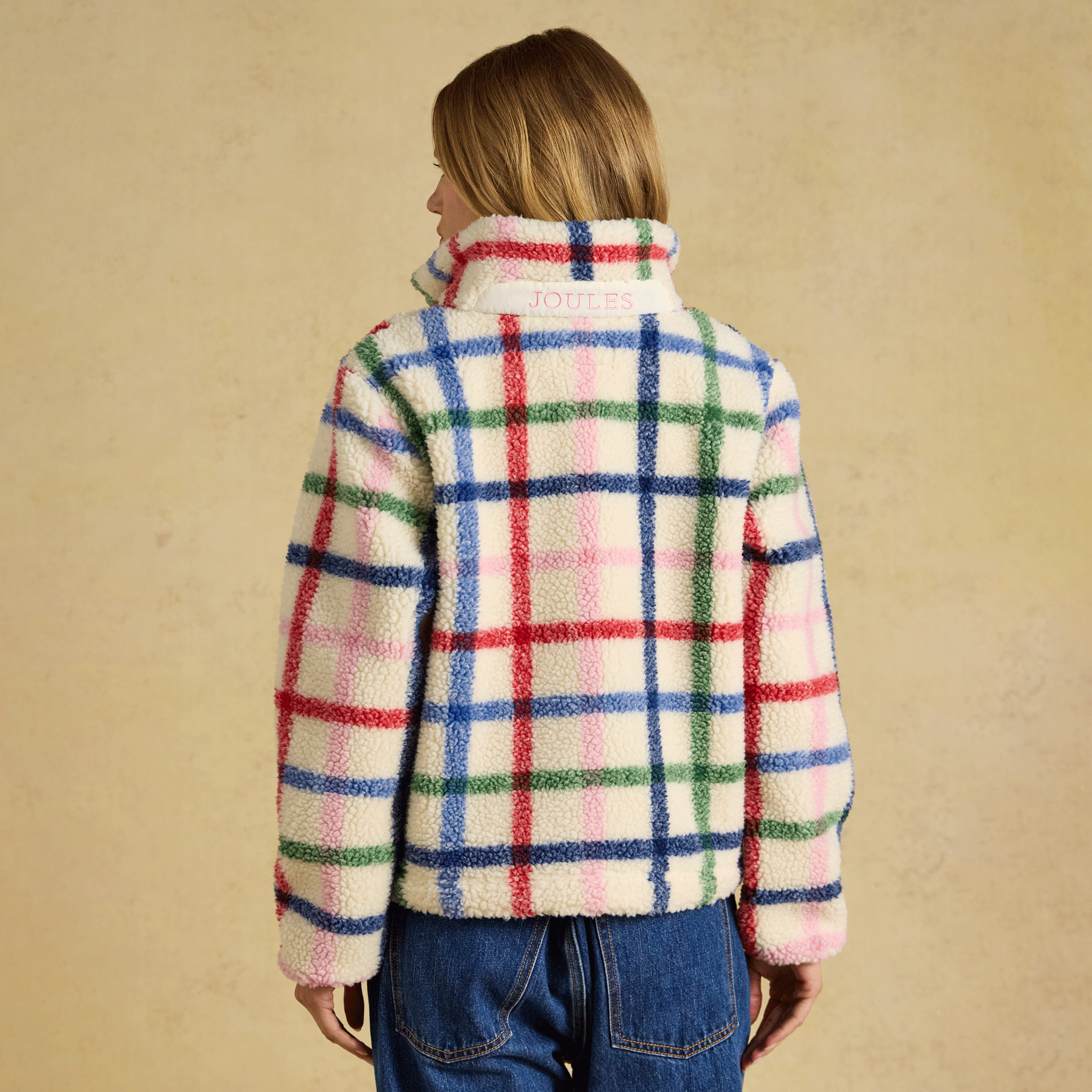 Joules Lottie Zip Through Borg Fleece Cream Check