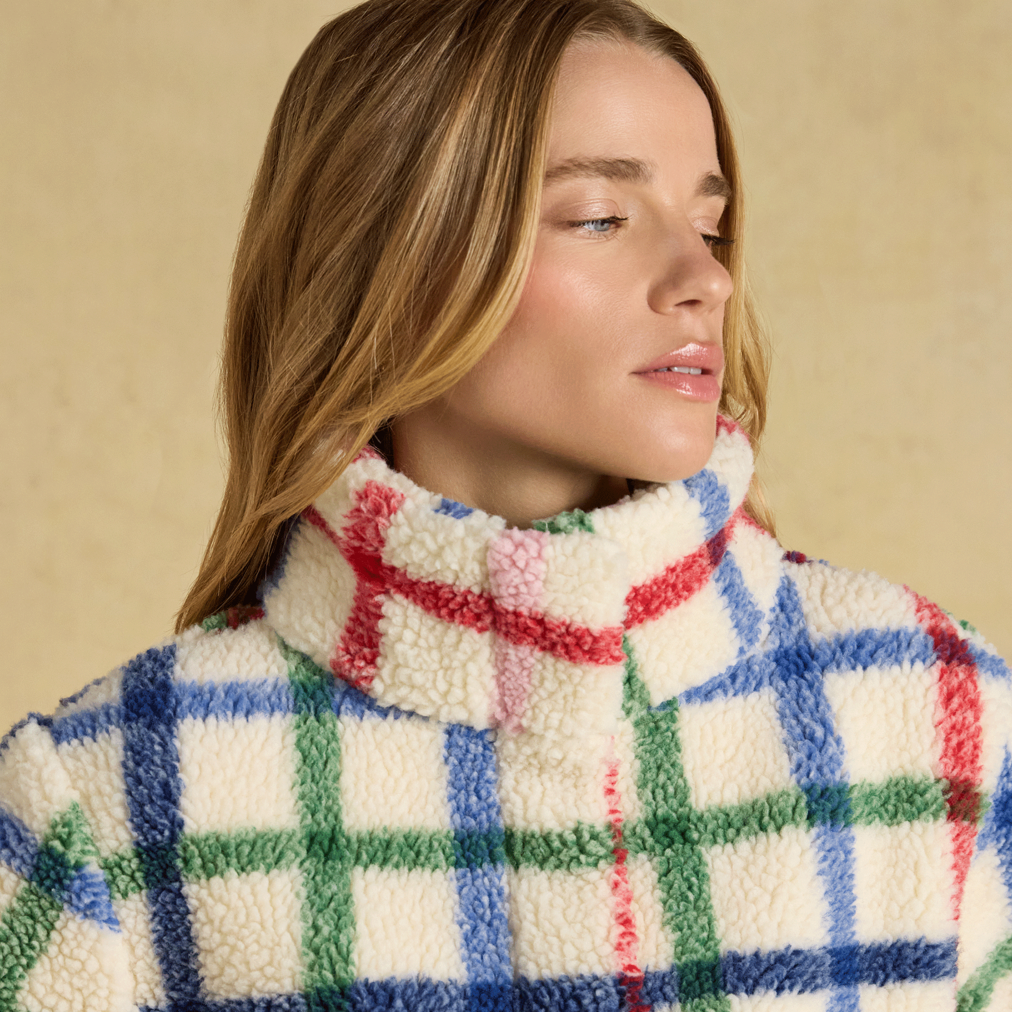 Joules Lottie Zip Through Borg Fleece Cream Check