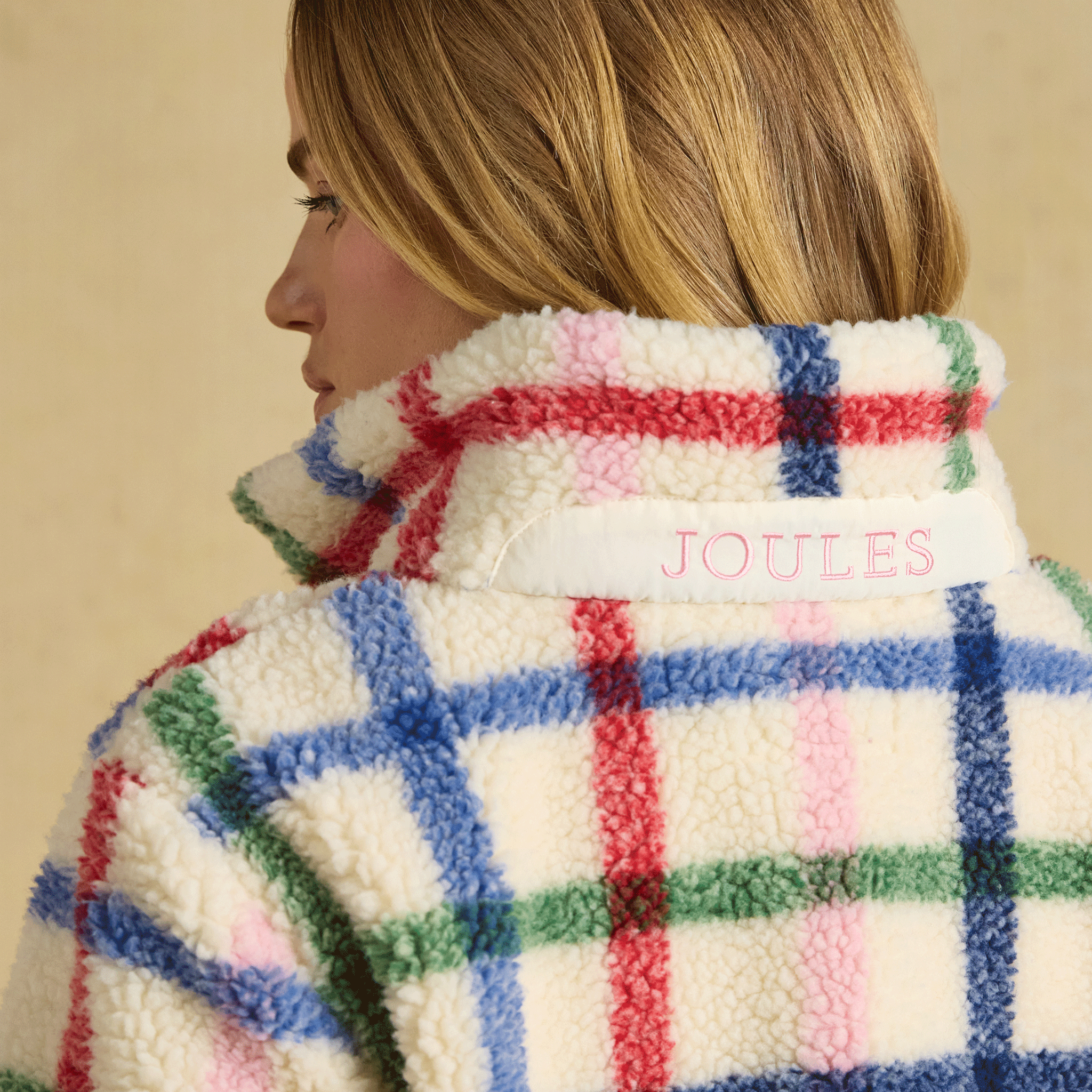 Joules Lottie Zip Through Borg Fleece Cream Check