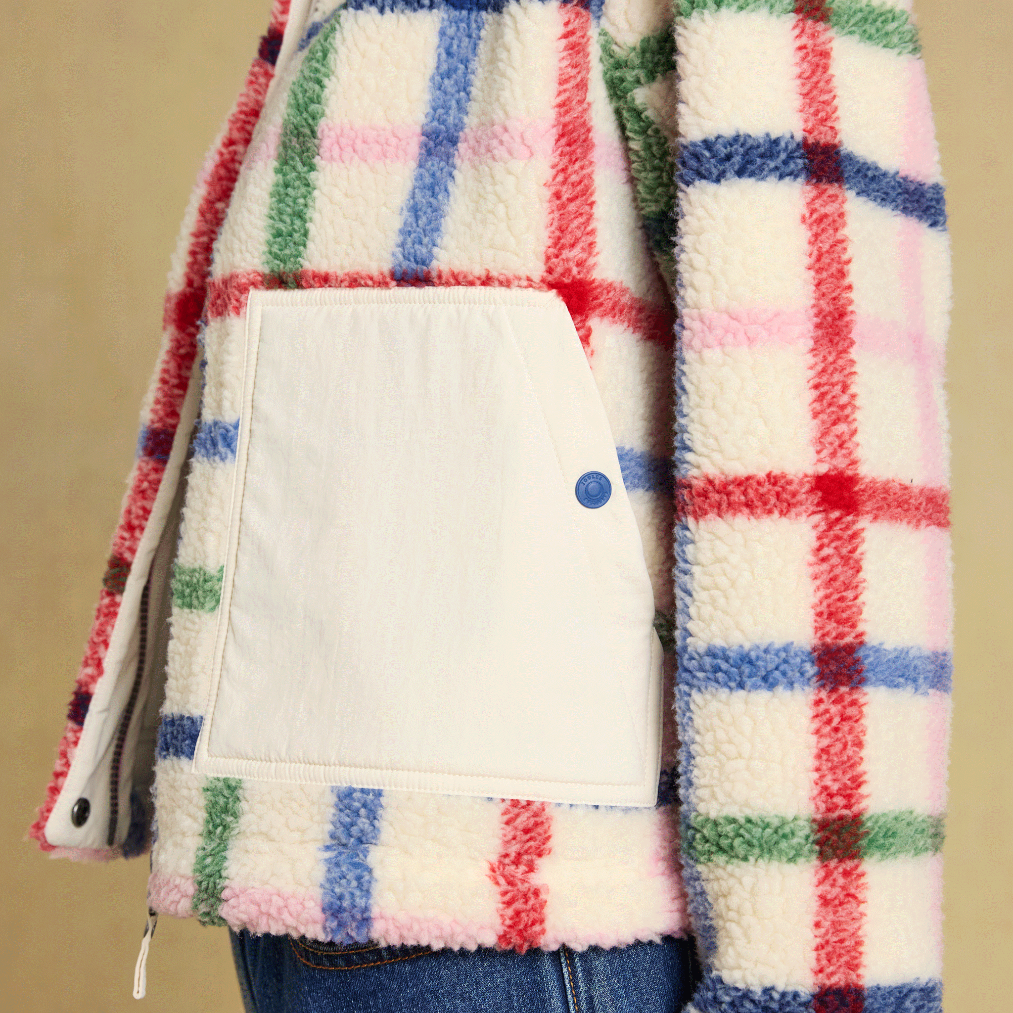 Joules Lottie Zip Through Borg Fleece Cream Check