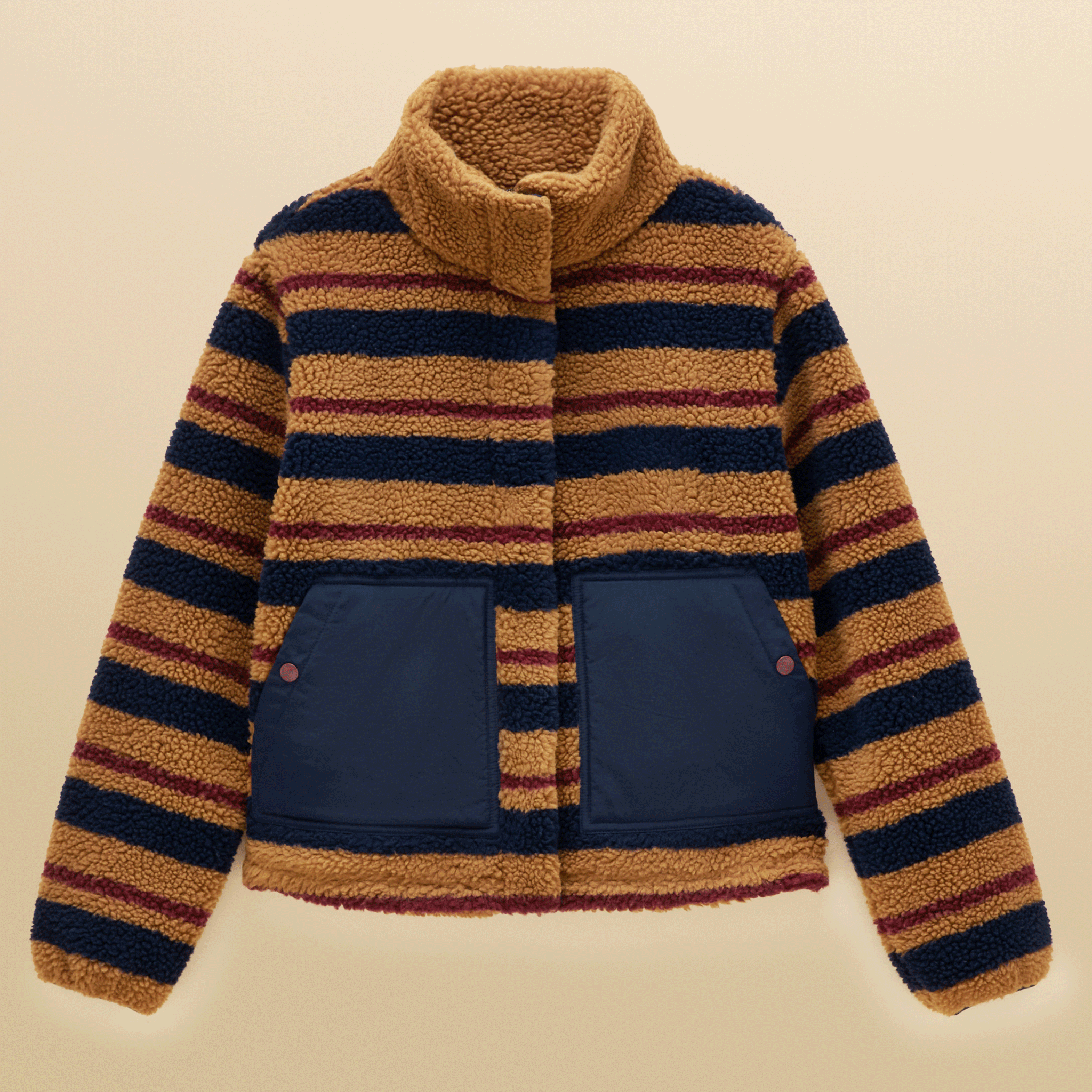 Joules Lottie Zip Through Borg Fleece Tan Brown Stripe