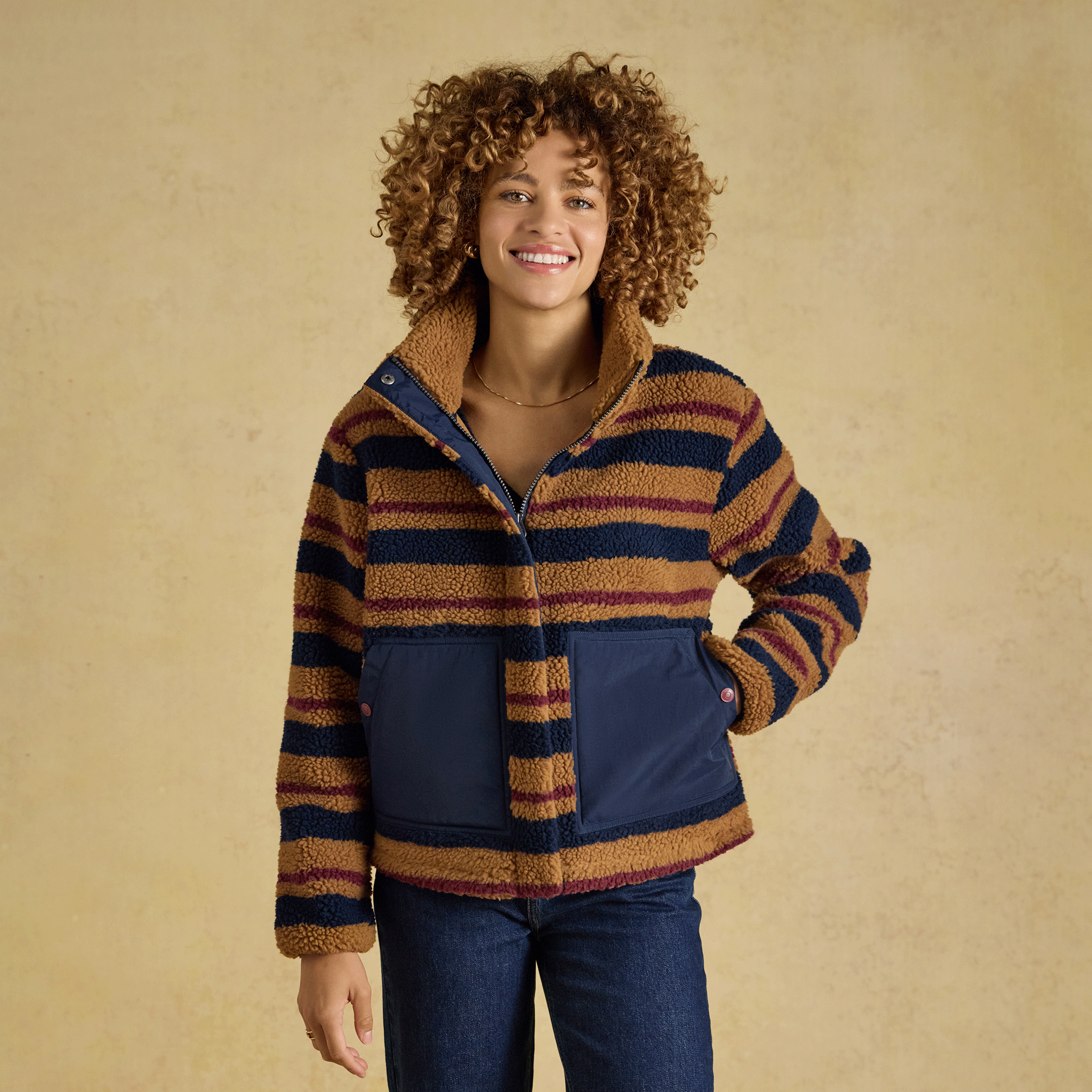 Joules Lottie Zip Through Borg Fleece Tan Brown Stripe
