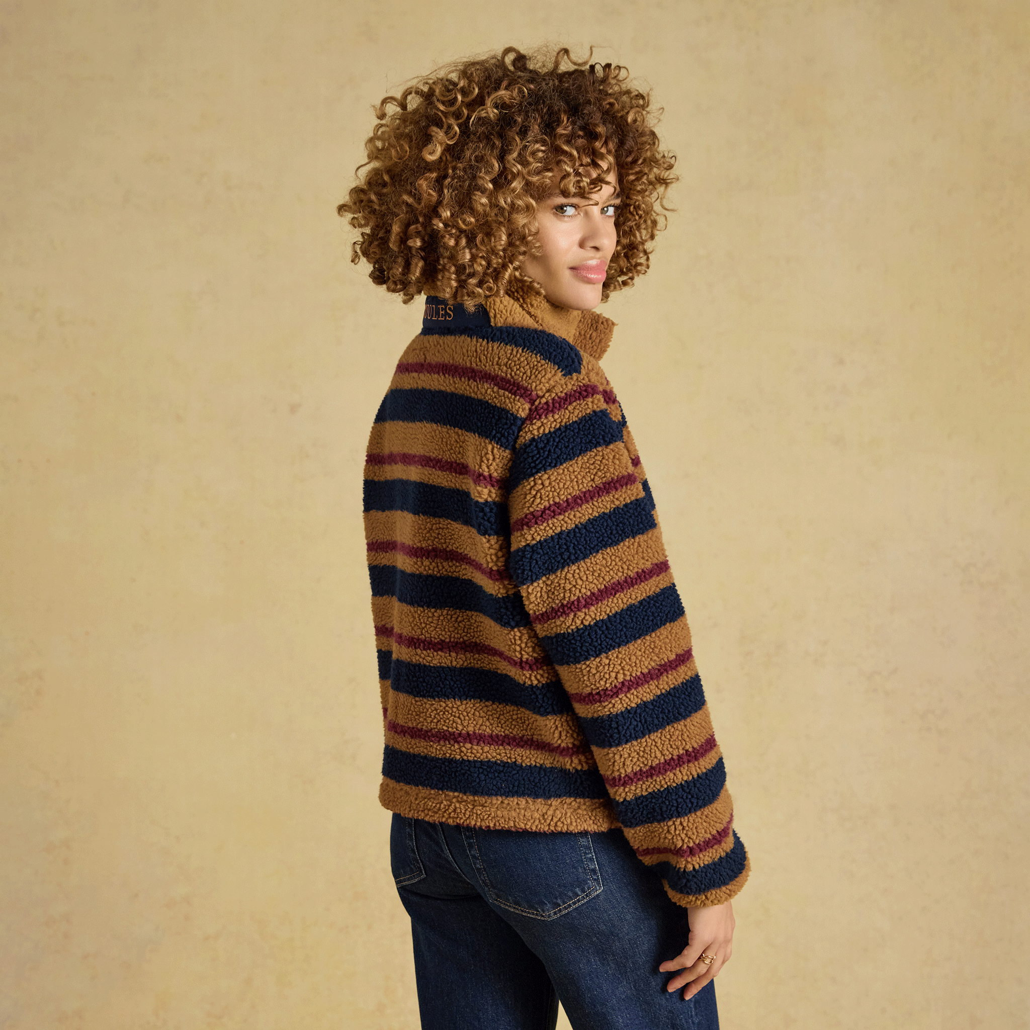 Joules Lottie Zip Through Borg Fleece Tan Brown Stripe