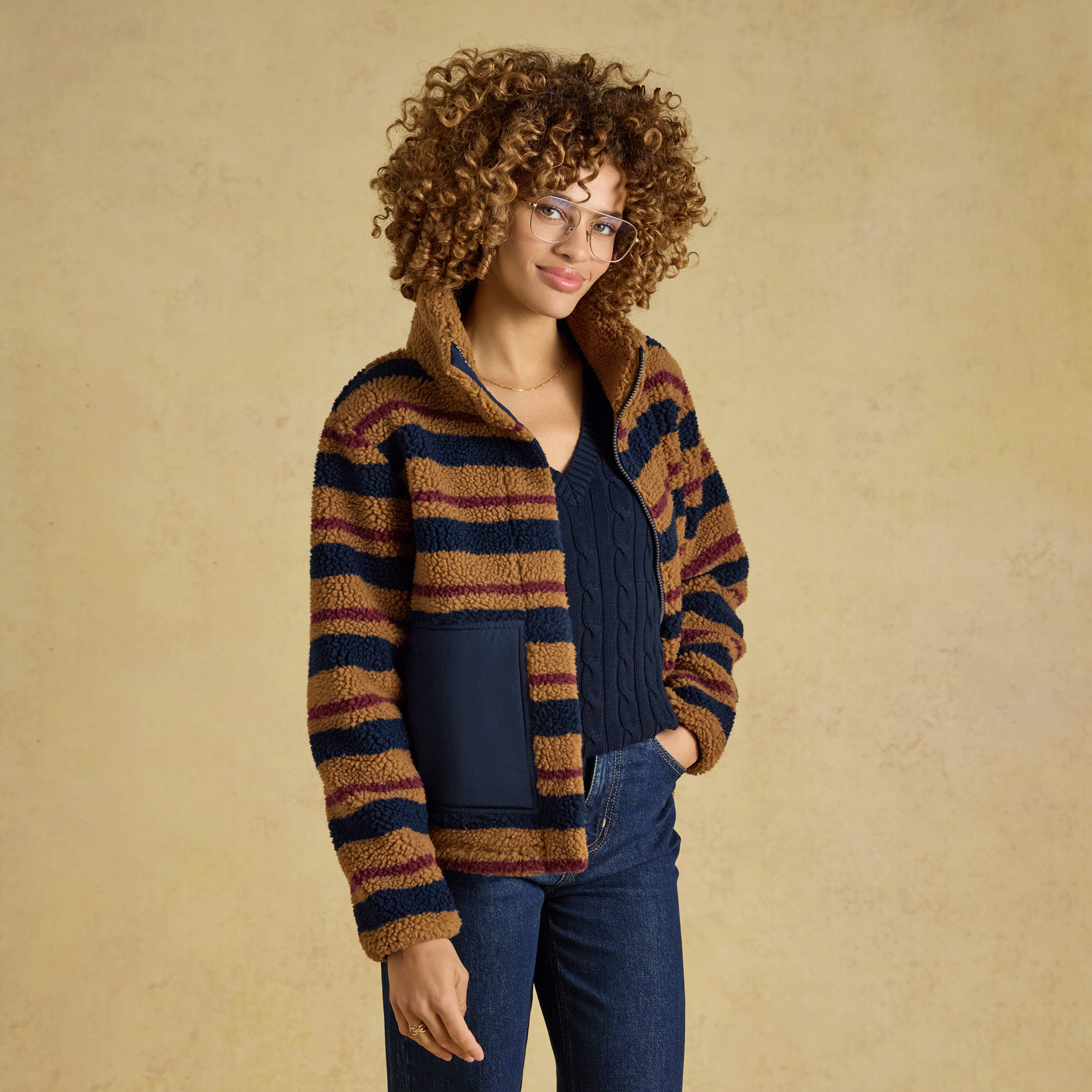 Joules Lottie Zip Through Borg Fleece Tan Brown Stripe