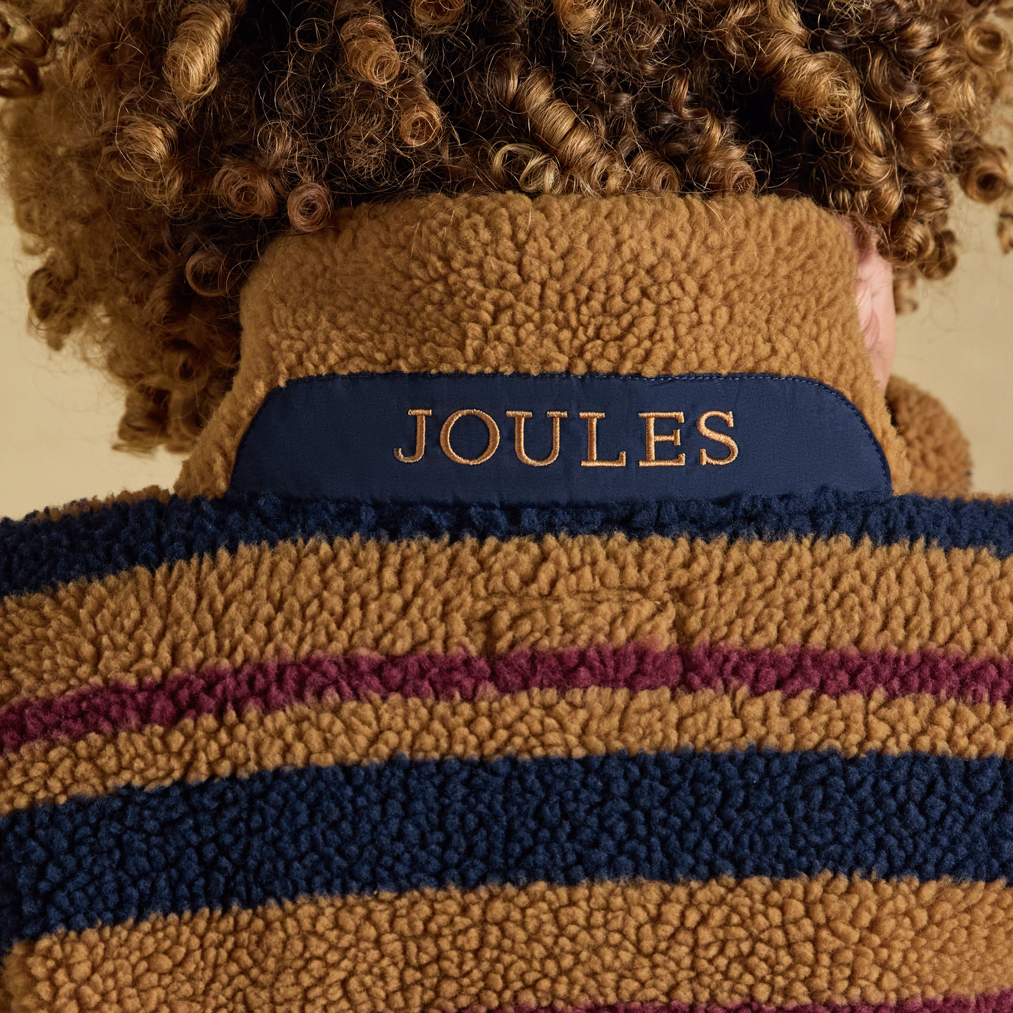 Joules Lottie Zip Through Borg Fleece Tan Brown Stripe