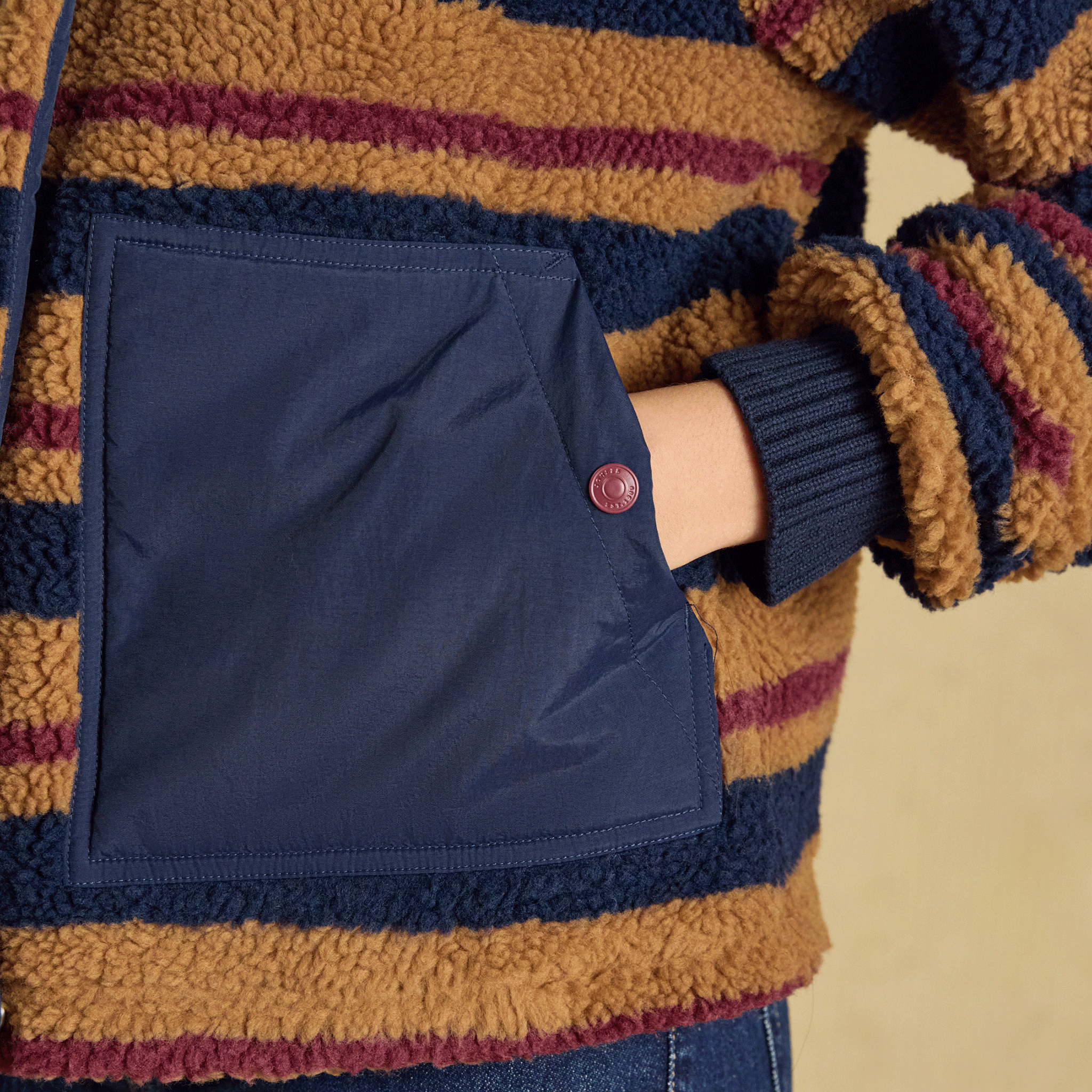 Joules Lottie Zip Through Borg Fleece Tan Brown Stripe