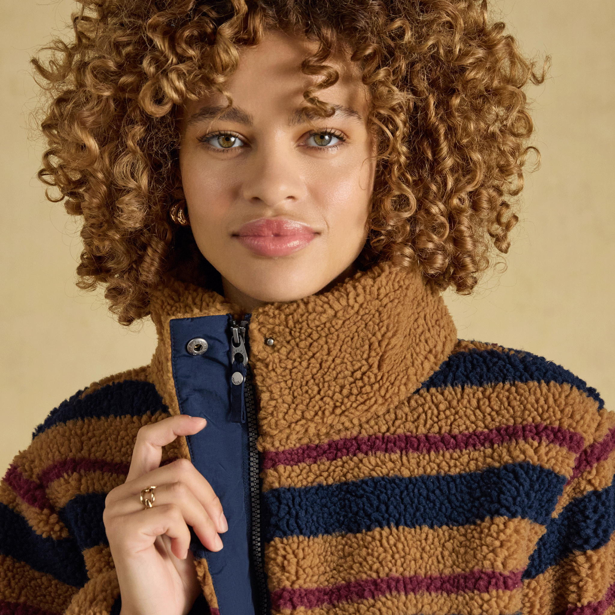 Joules Lottie Zip Through Borg Fleece Tan Brown Stripe
