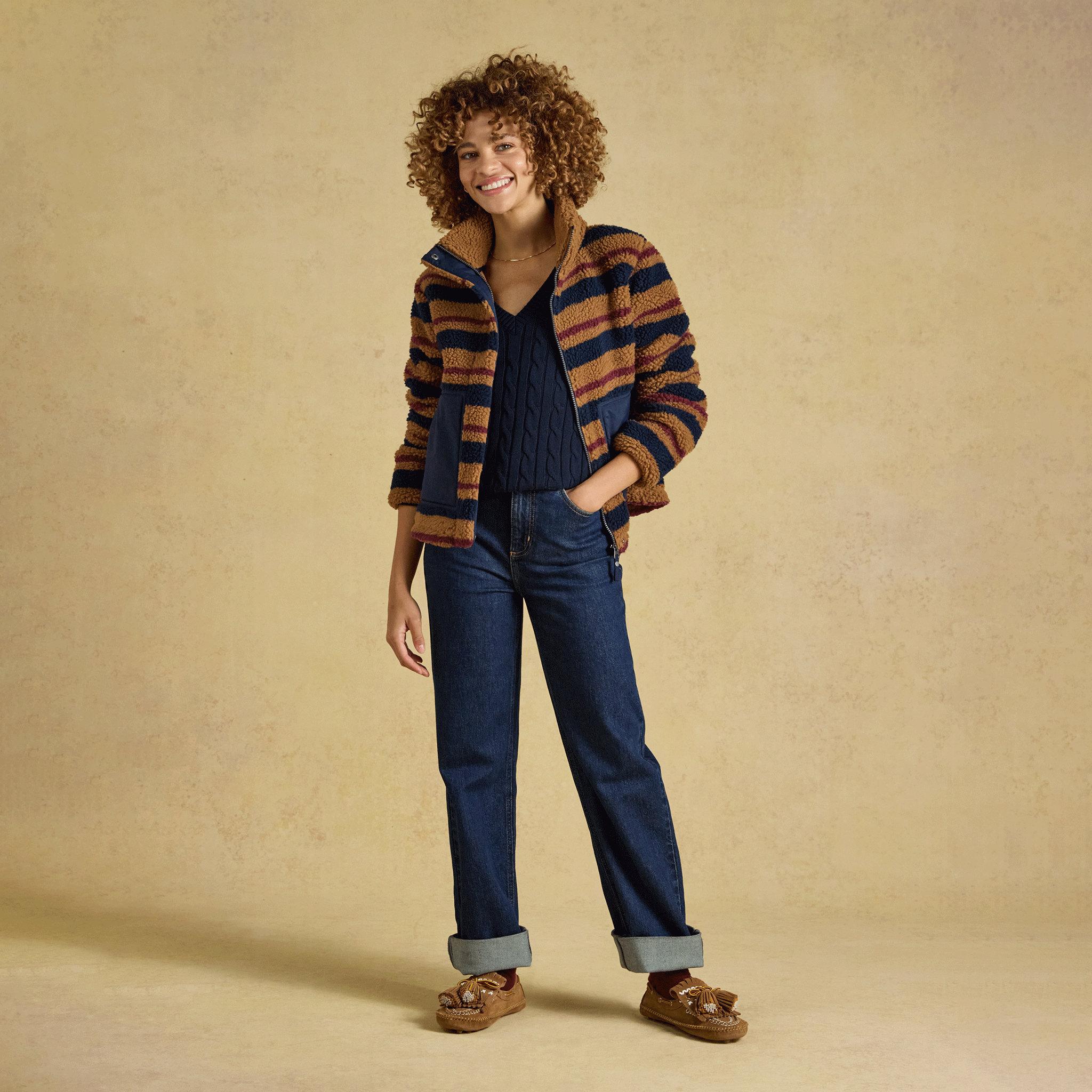 Joules Lottie Zip Through Borg Fleece Tan Brown Stripe