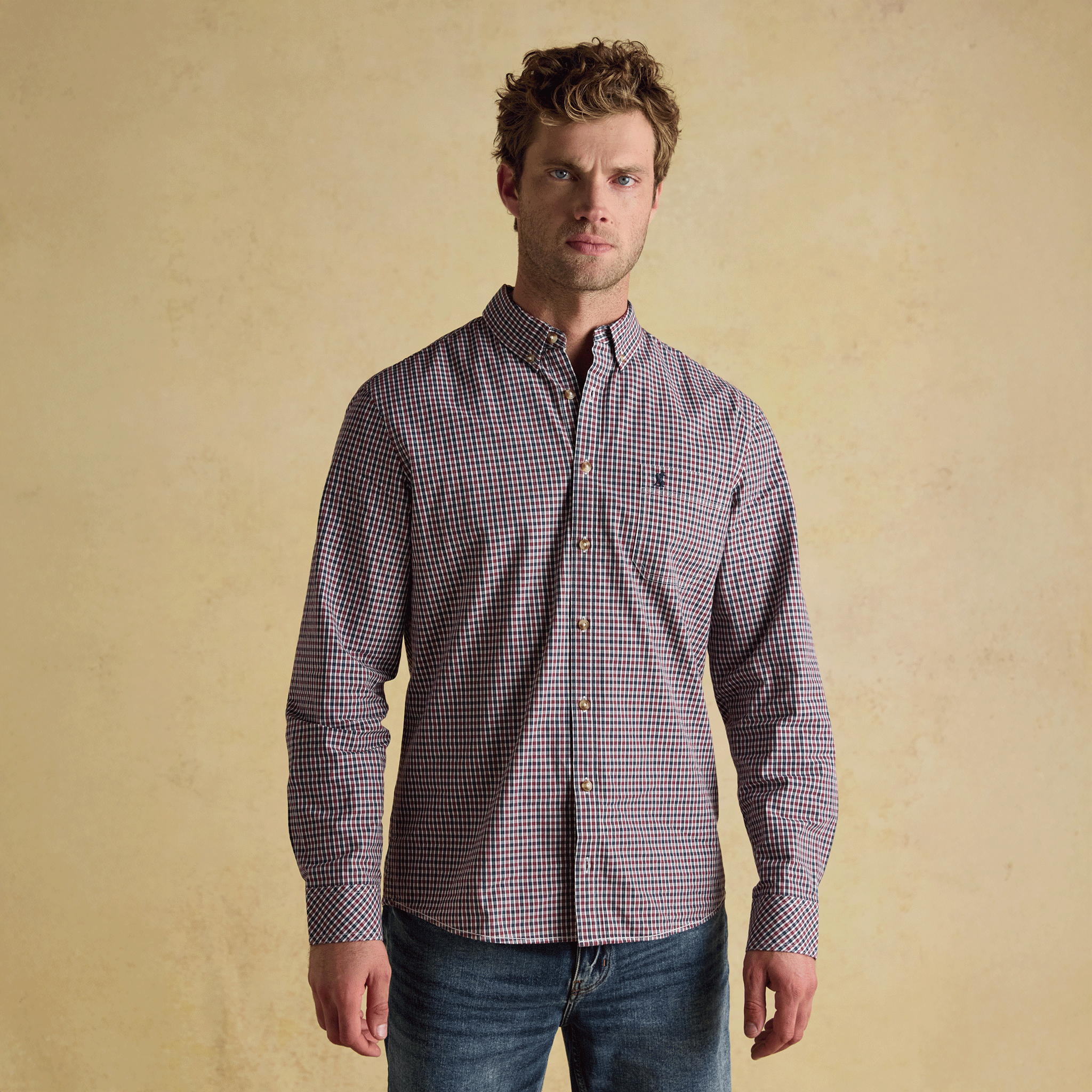 Joules Men's Cotton Poplin Gingham Shirt Burgundy Red