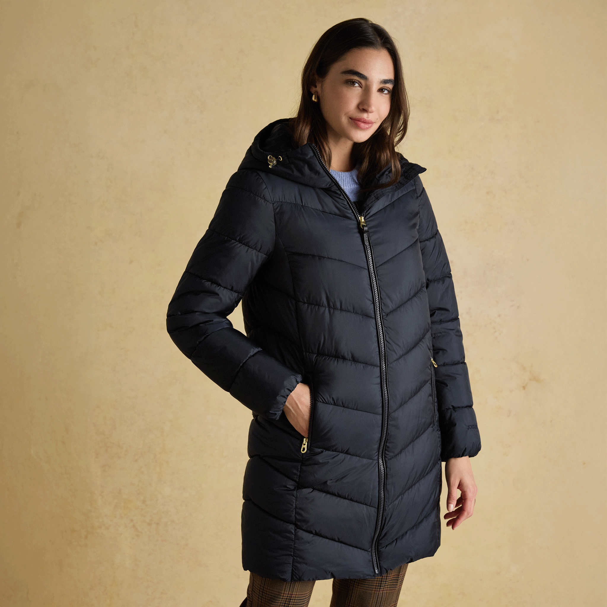 Joules Moorsdale Mid Length Showerproof Padded Coat with Hood Navy