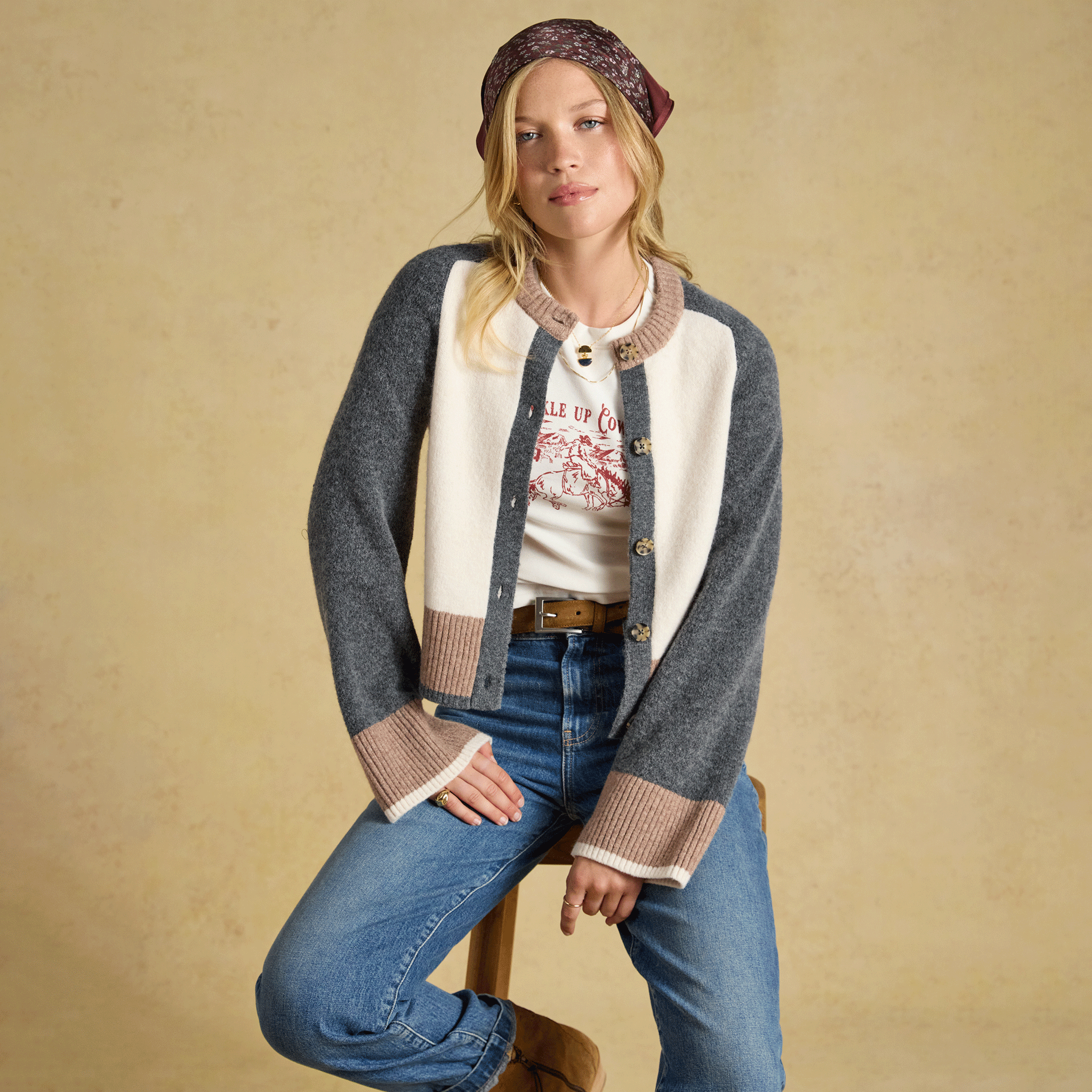 Joules Nora Women’s Colourblock Knitted Cardigan Cream, Tan & Charcoal
