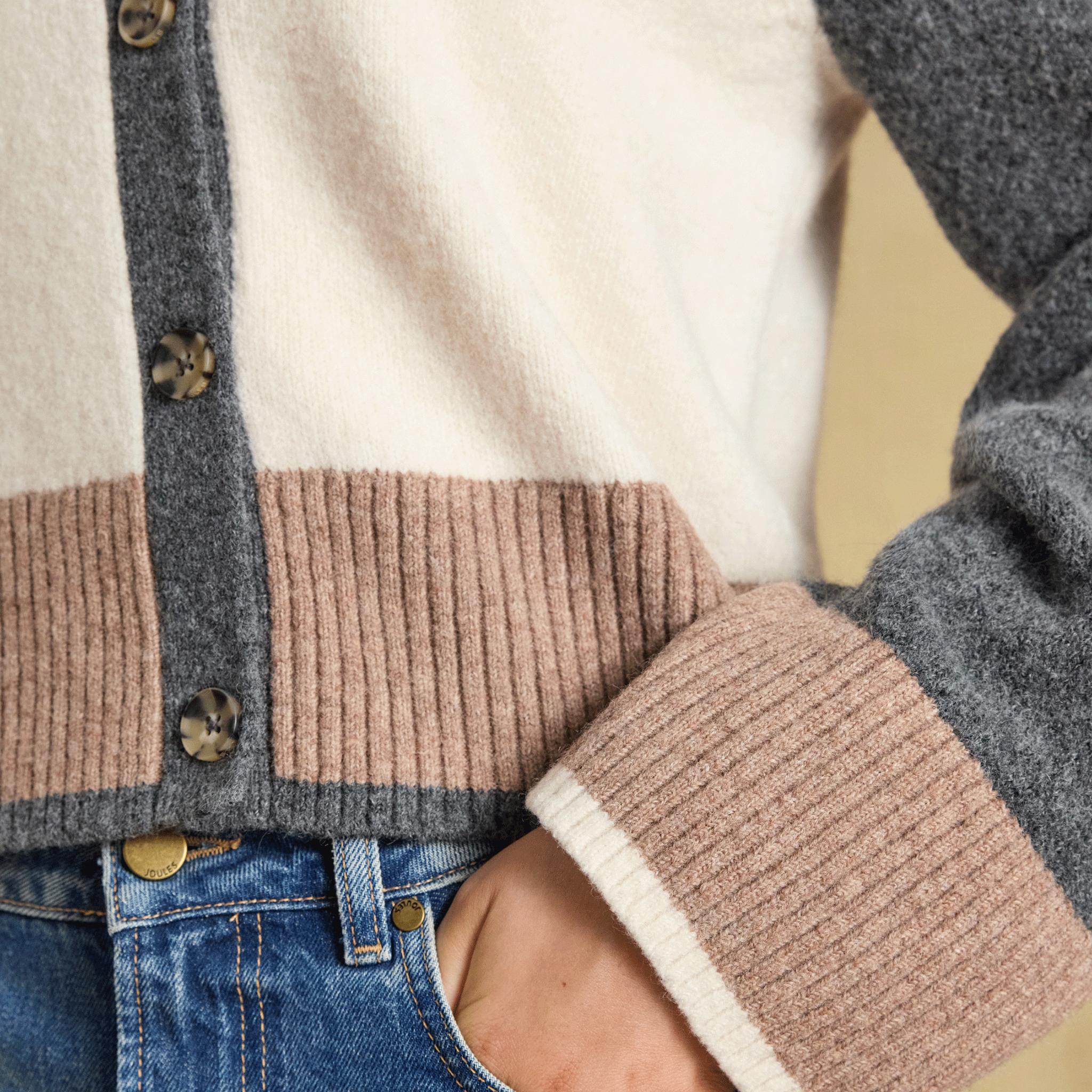 Joules Nora Women’s Colourblock Knitted Cardigan Cream, Tan & Charcoal