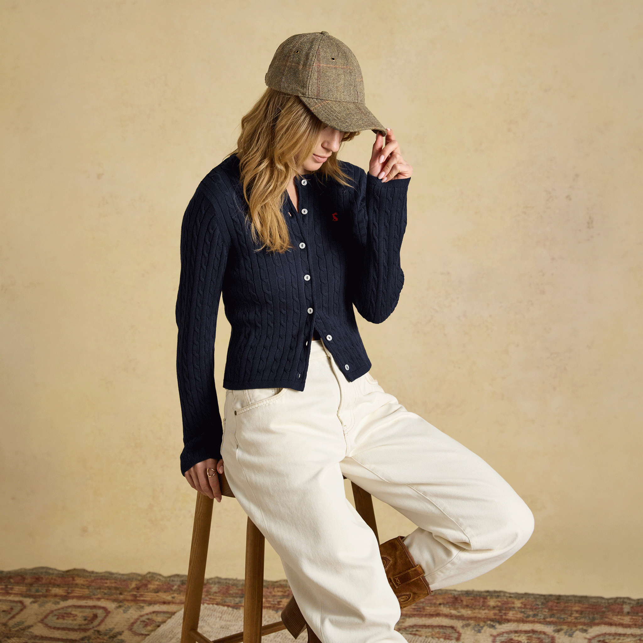 Joules Perry Tweed Baseball Cap Khaki