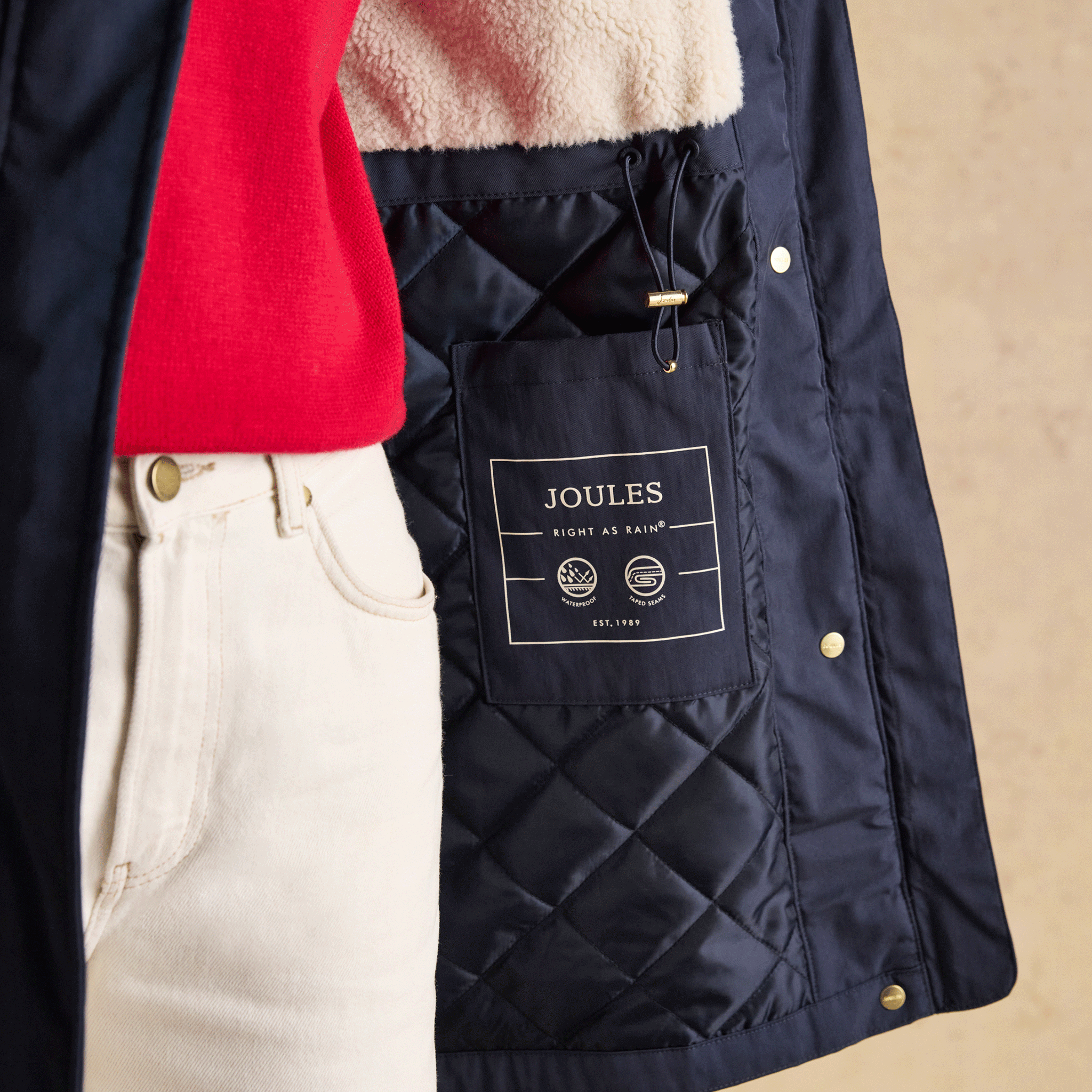 Joules Portwell Cosy Fleece Lined Waterproof Raincoat with Hood Navy