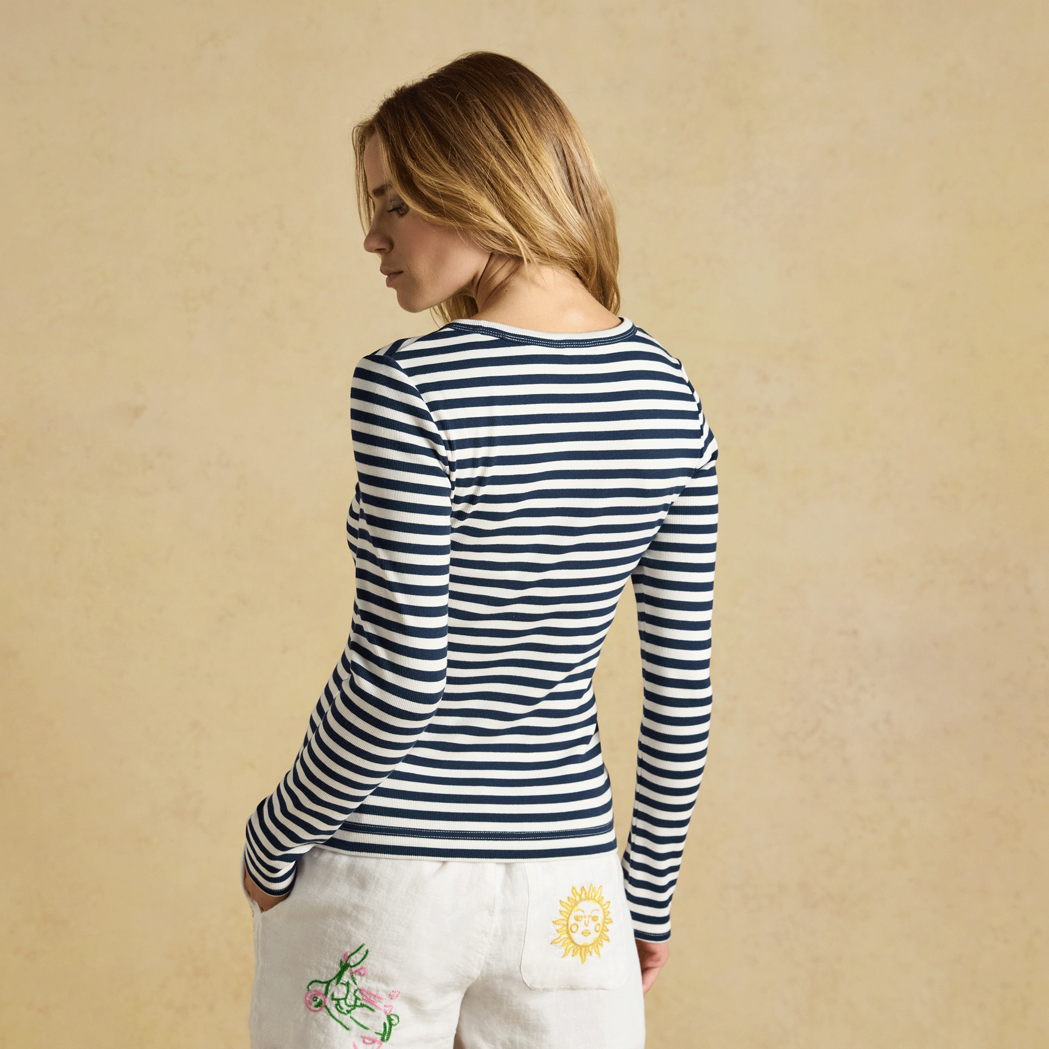 Joules Sophie Long Sleeved Striped Ribbed Fitted T-Shirt Navy-Creme
