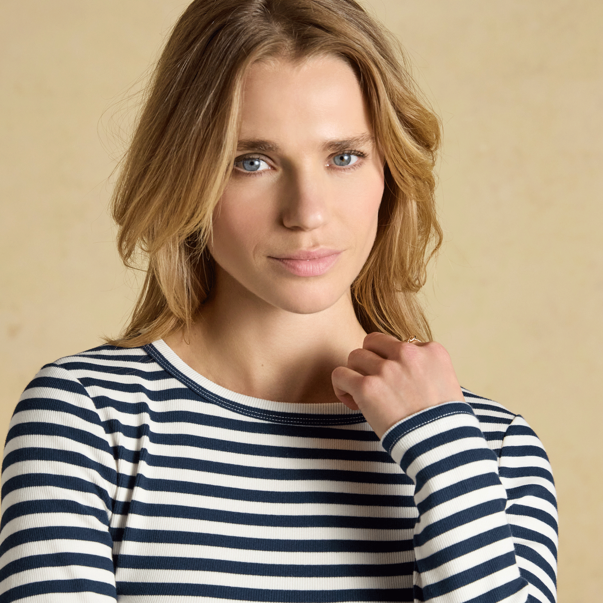Joules Sophie Long Sleeved Striped Ribbed Fitted T-Shirt Navy-Creme