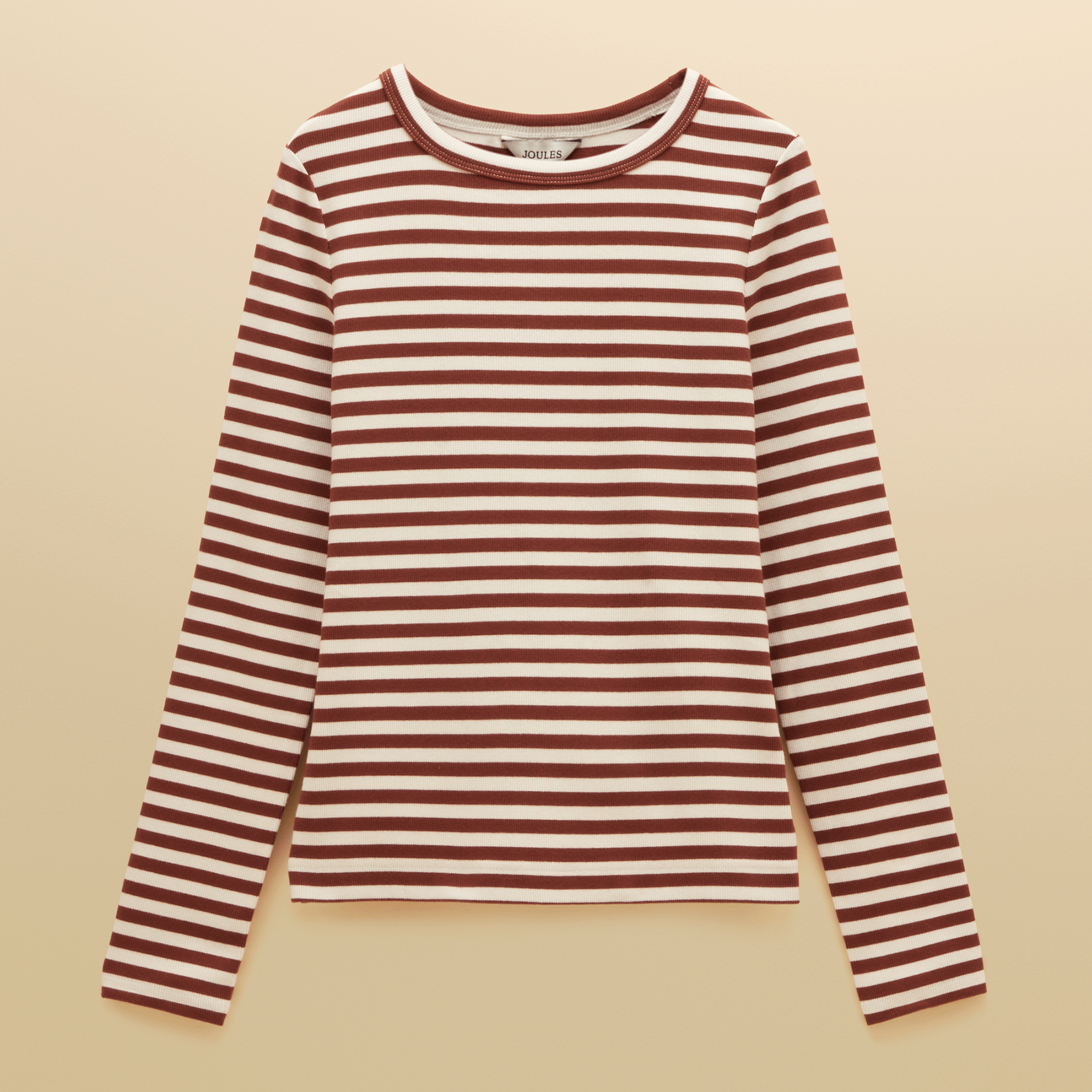 Joules Sophie Long Sleeved Striped Ribbed Fitted T-Shirt Russet-Creme