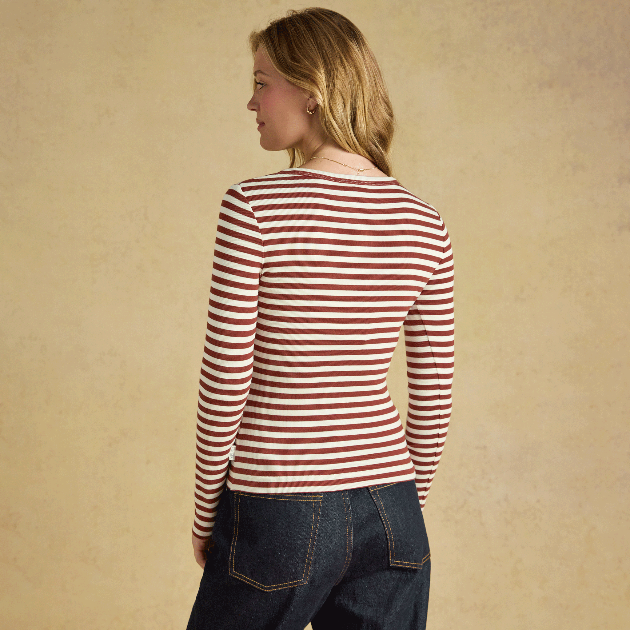 Joules Sophie Long Sleeved Striped Ribbed Fitted T-Shirt Russet-Creme