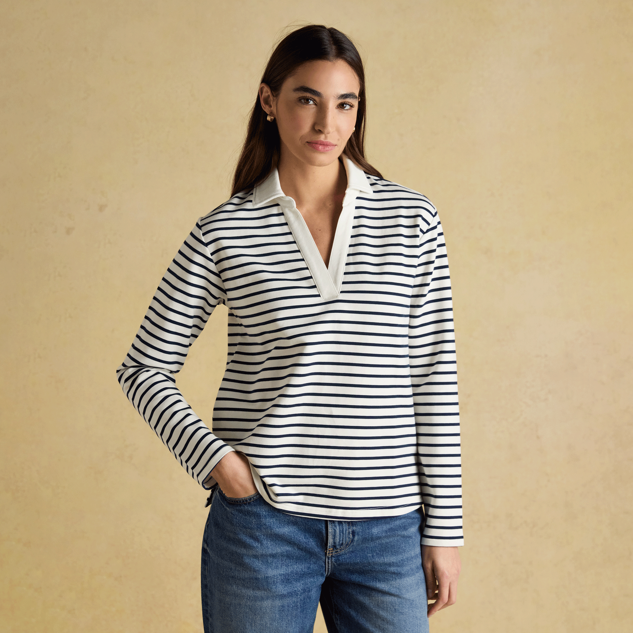 Joules Tallie Combed Cotton Slub Collared Top in Navy & Cream