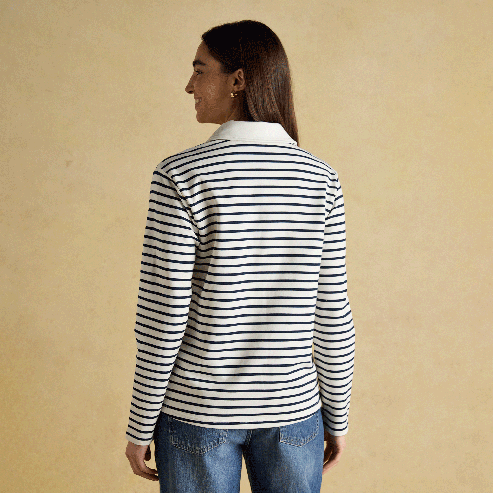 Joules Tallie Combed Cotton Slub Collared Top in Navy & Cream