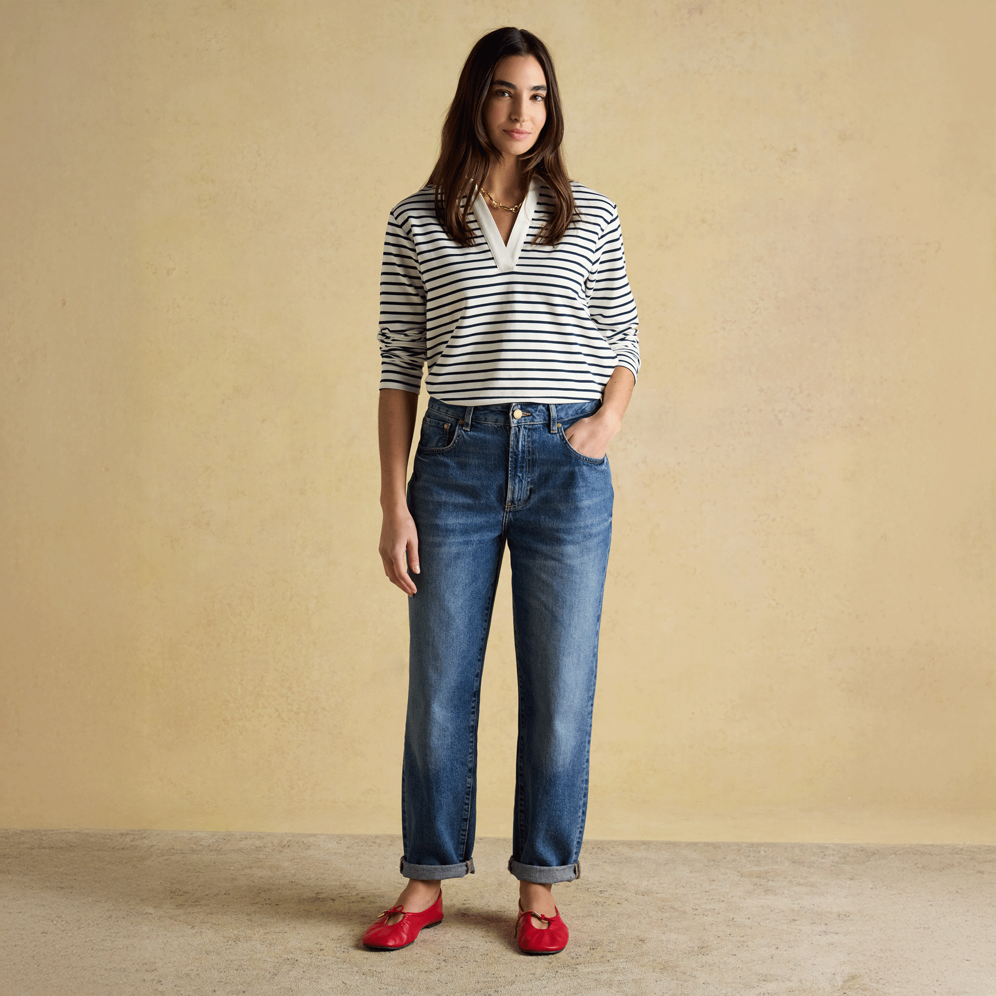 Joules Tallie Combed Cotton Slub Collared Top in Navy & Cream