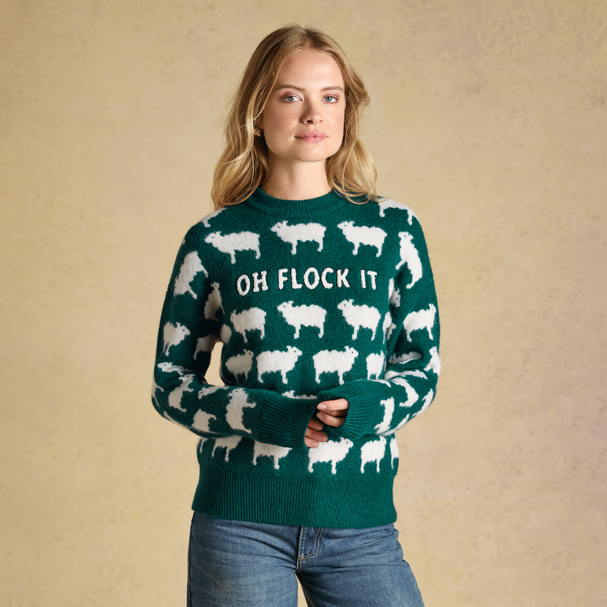 Joules 'Oh Flock It' Sheep Icon Crew Neck Knitted Jumper Green