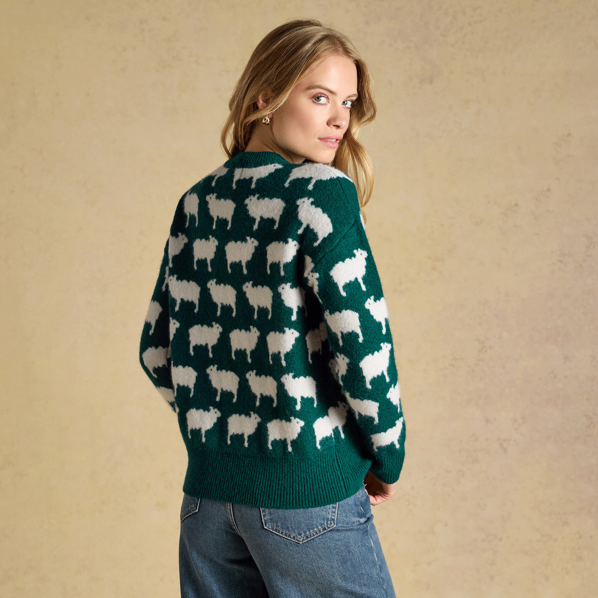 Joules 'Oh Flock It' Sheep Icon Crew Neck Knitted Jumper Green