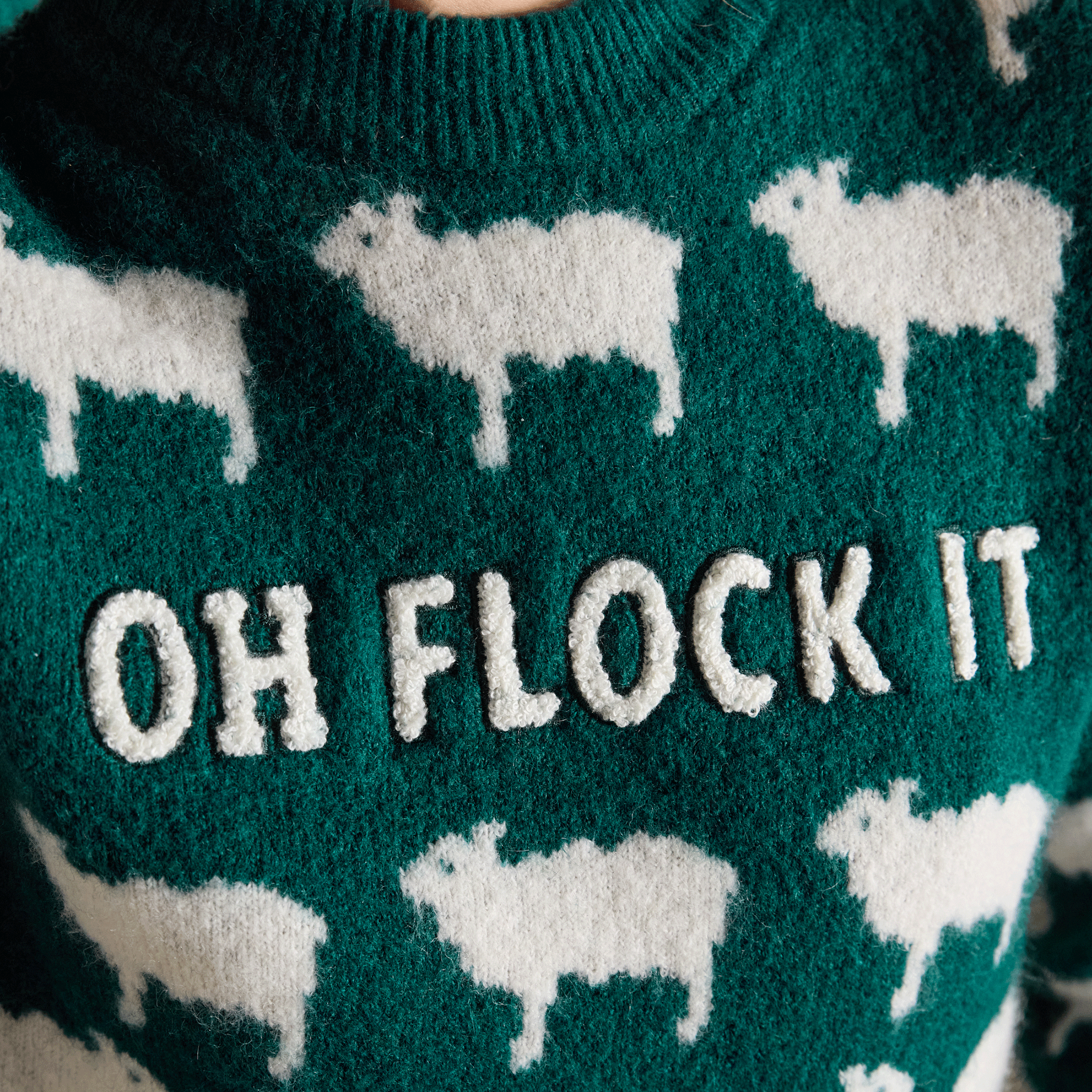 Joules 'Oh Flock It' Sheep Icon Crew Neck Knitted Jumper Green