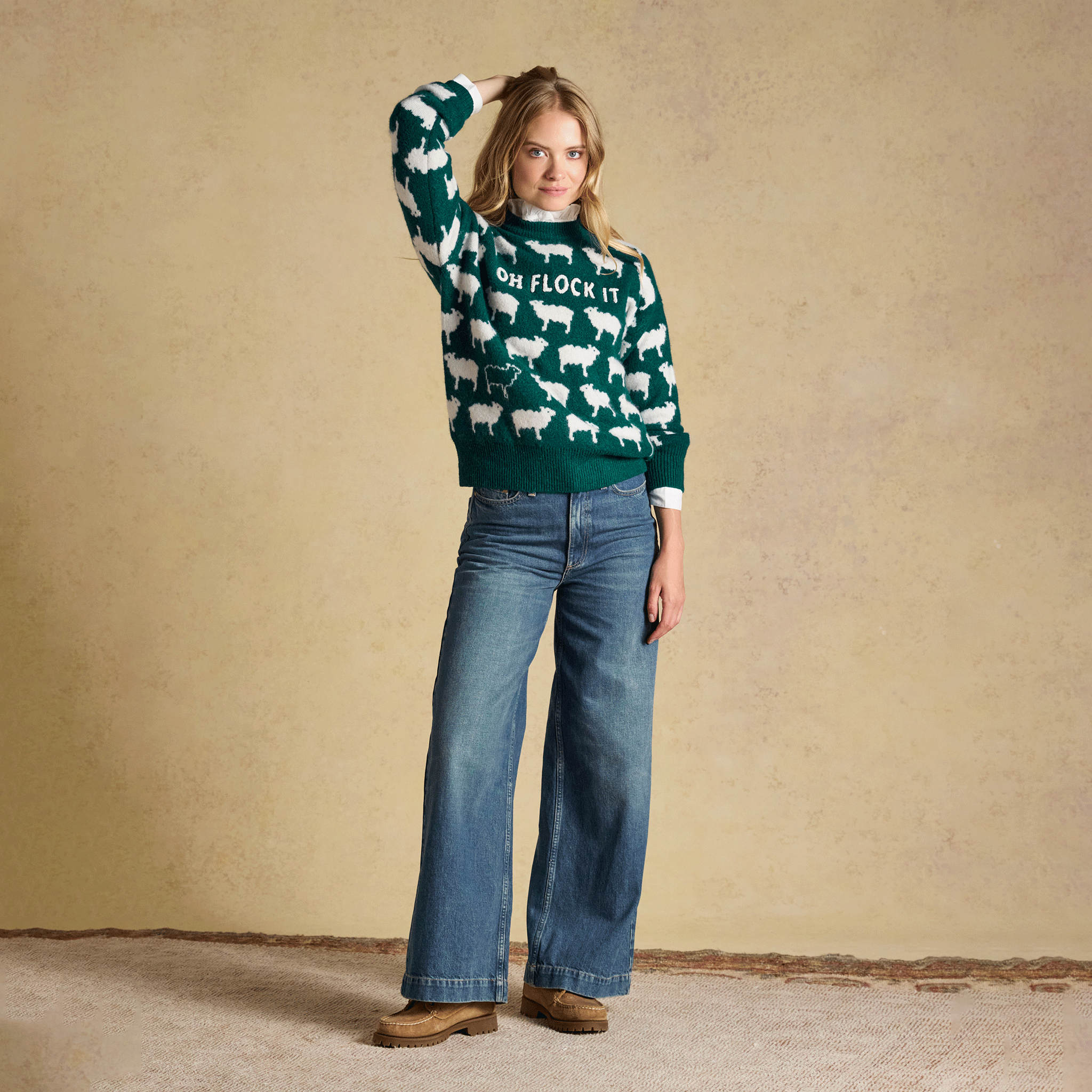 Joules 'Oh Flock It' Sheep Icon Crew Neck Knitted Jumper Green