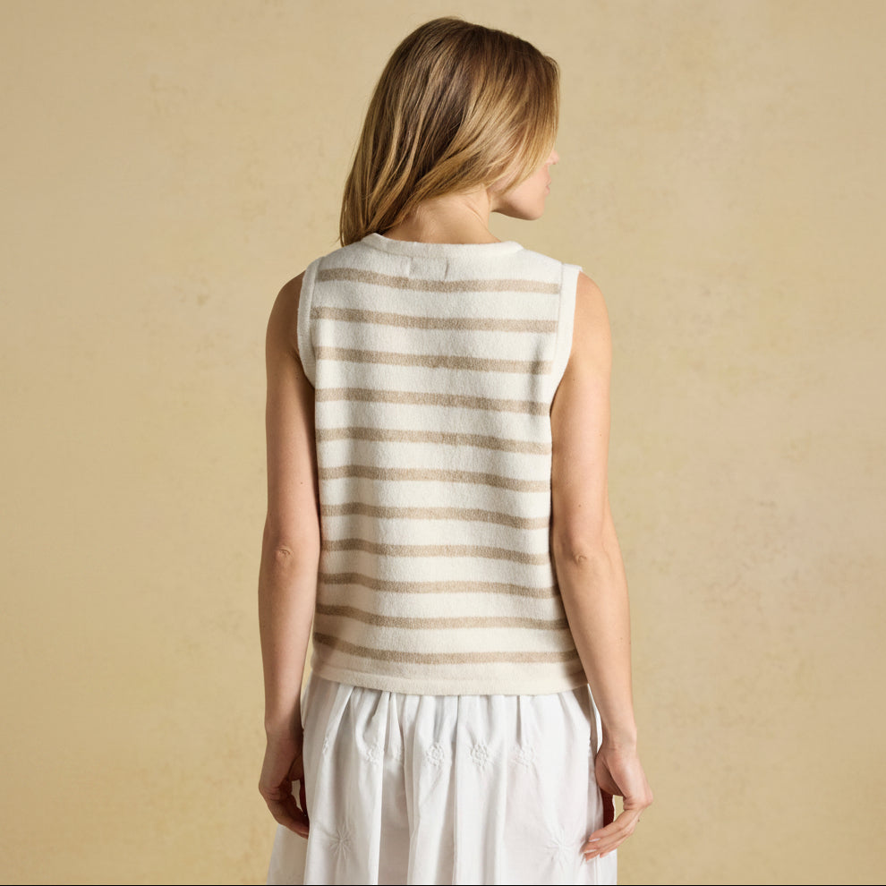 Joules Holly Striped Button Through Knitted Vest Cream-Oat