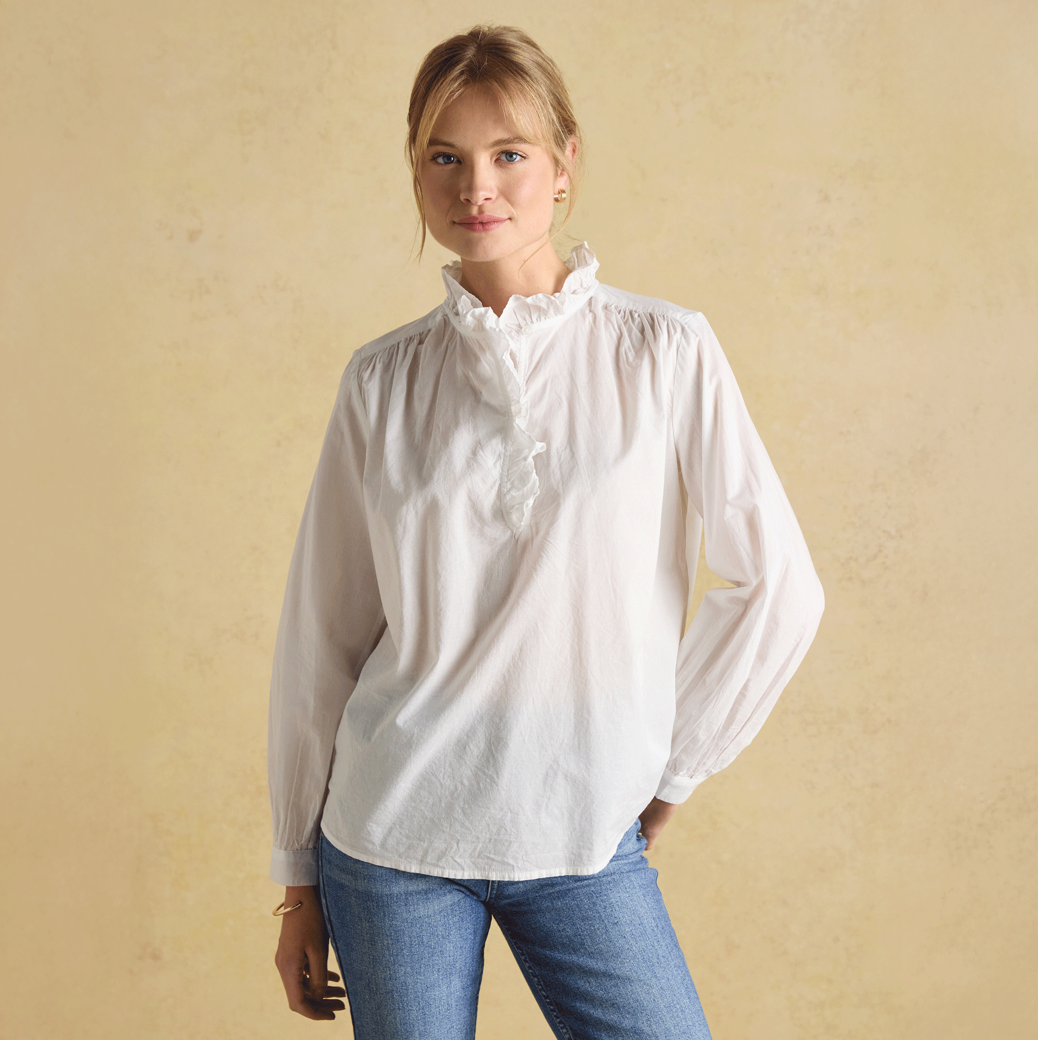 Joules Melanie Cotton Ruffle Blouse in White