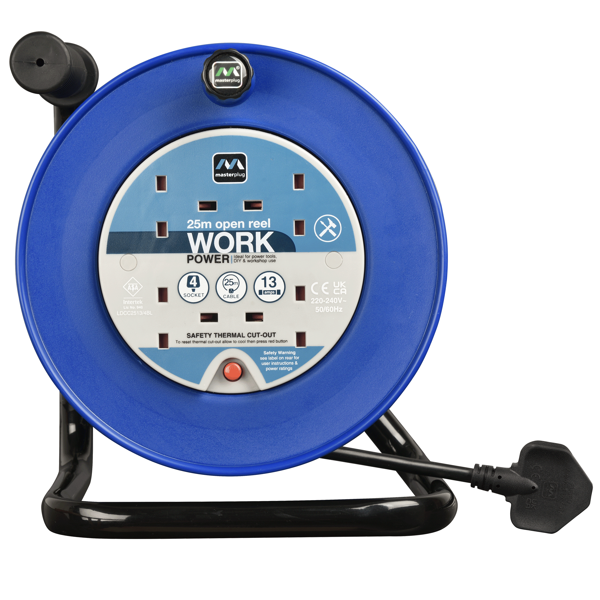 Masterplug 13A 4 Gang Open Cable Reel 25m Blue