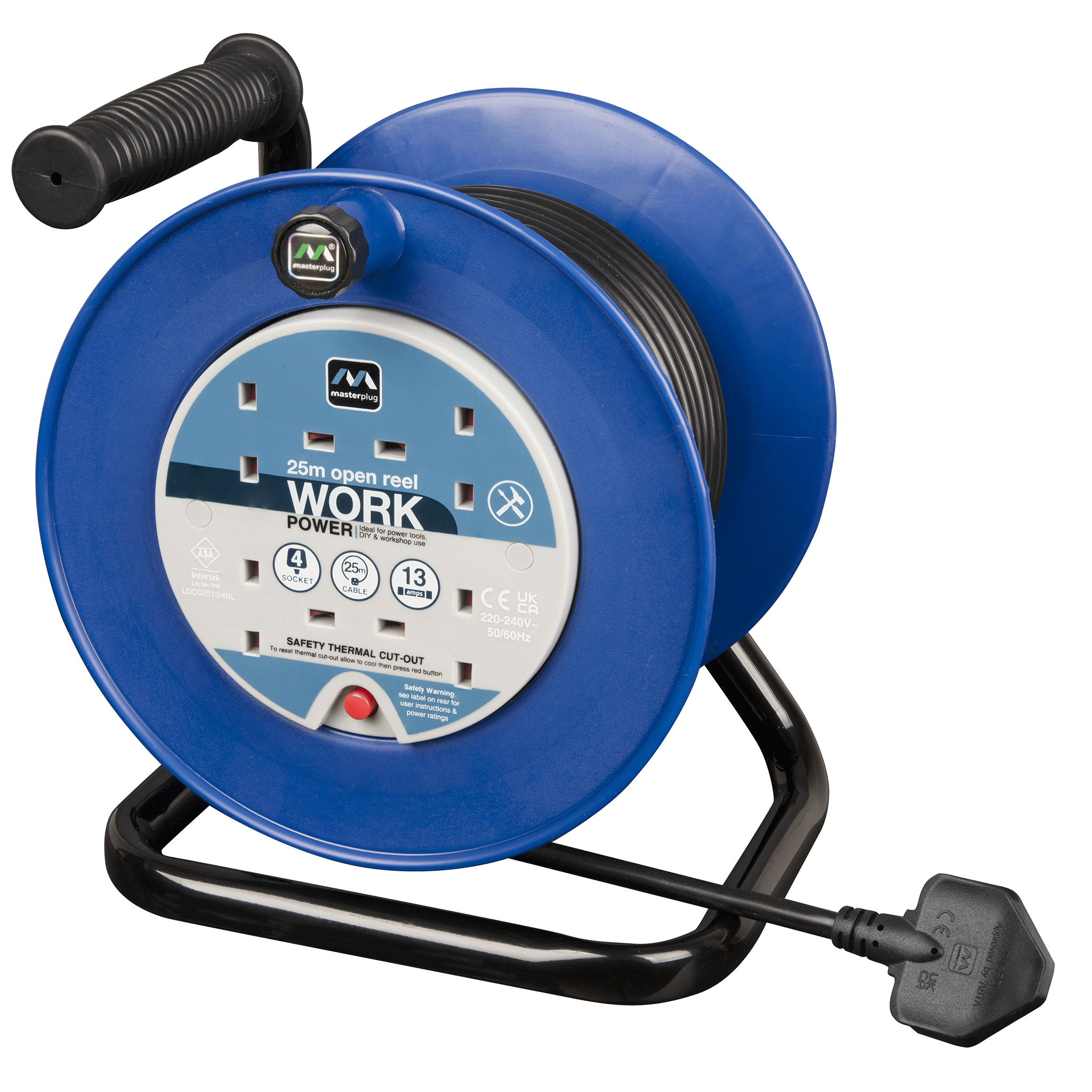 Masterplug 13A 4 Gang Open Cable Reel 25m Blue
