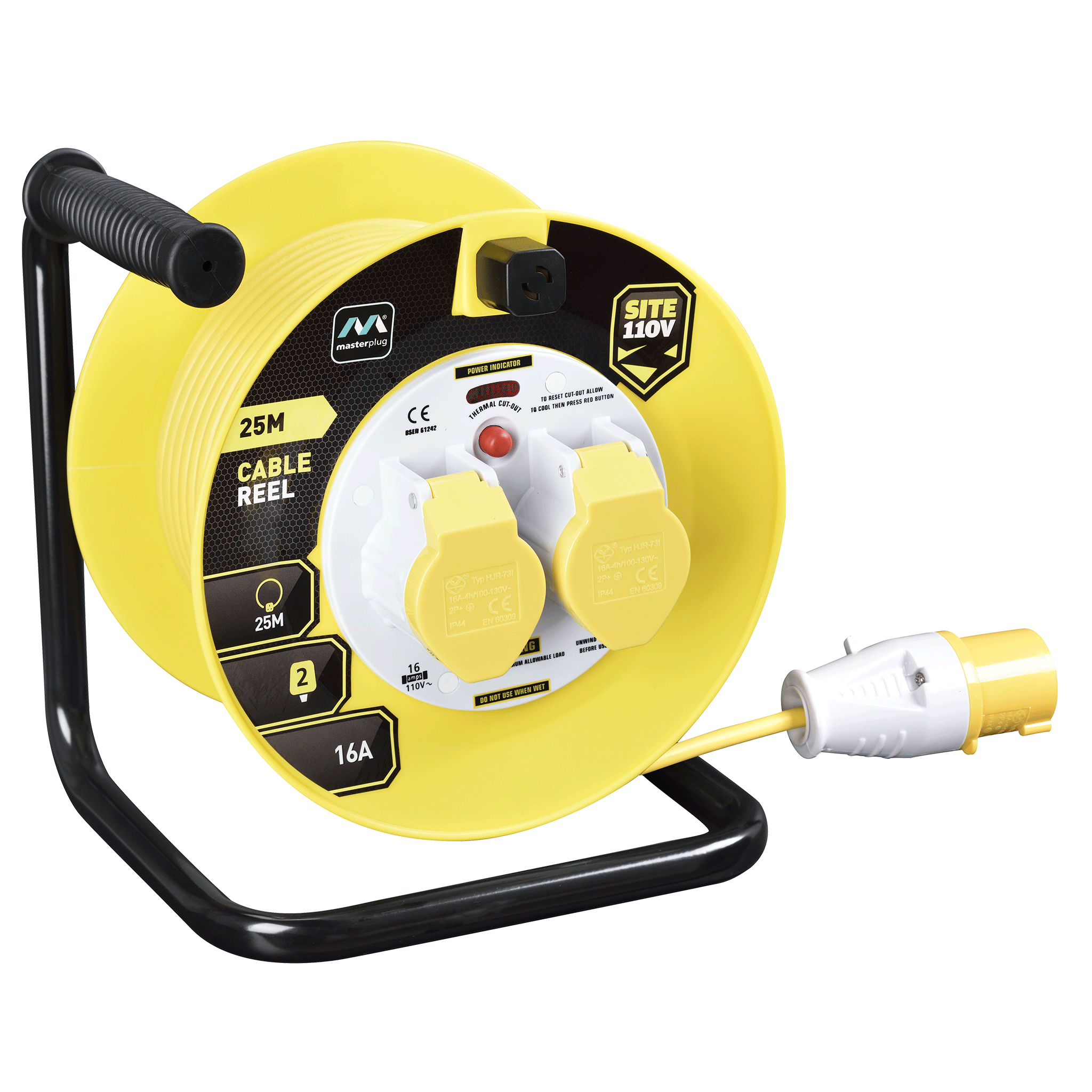 Masterplug 25m 110V 16A Open Cable Reel with 2 Sockets Yellow