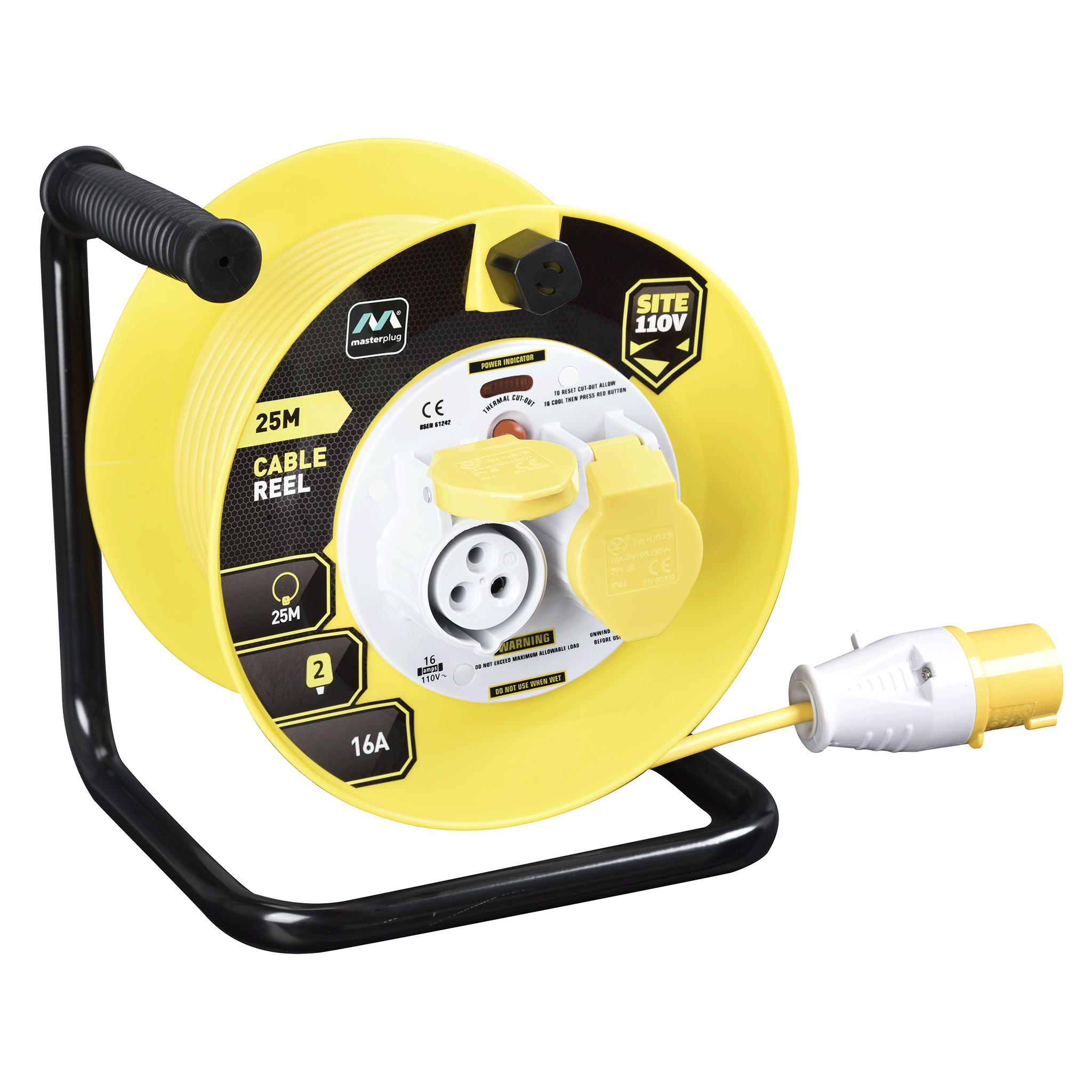 Masterplug 25m 110V 16A Open Cable Reel with 2 Sockets Yellow
