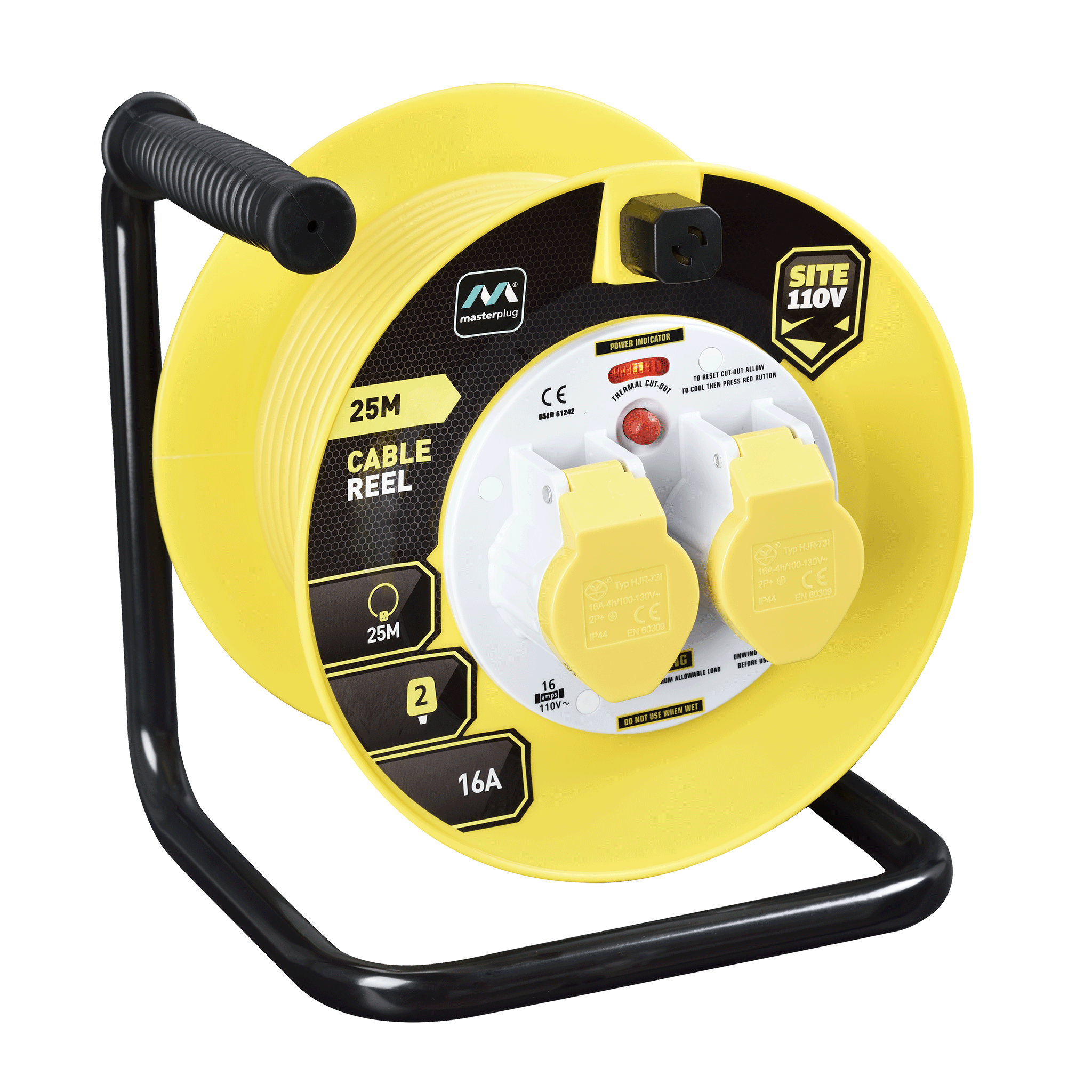 Masterplug 25m 110V 16A Open Cable Reel with 2 Sockets Yellow