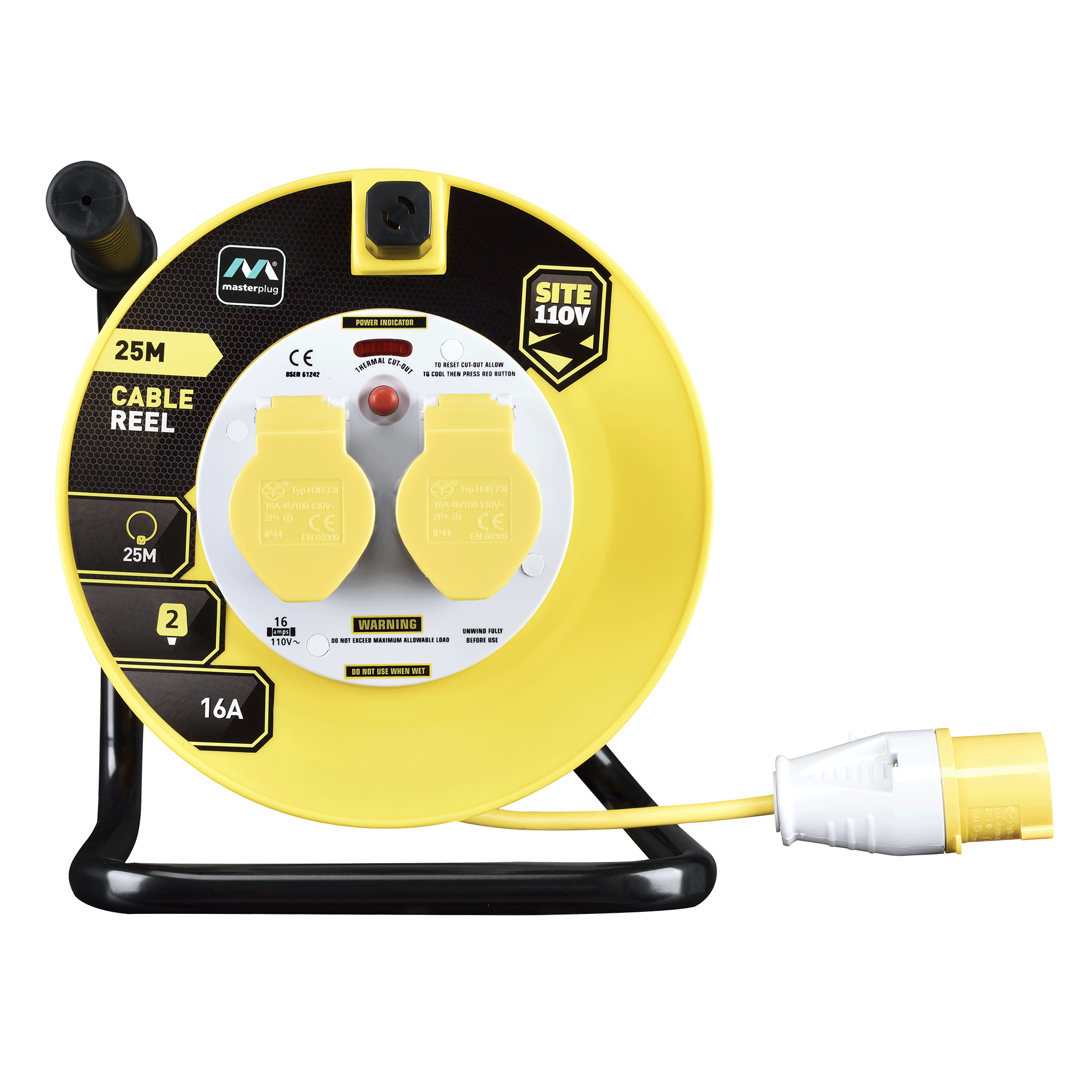 Masterplug 25m 110V 16A Open Cable Reel with 2 Sockets Yellow