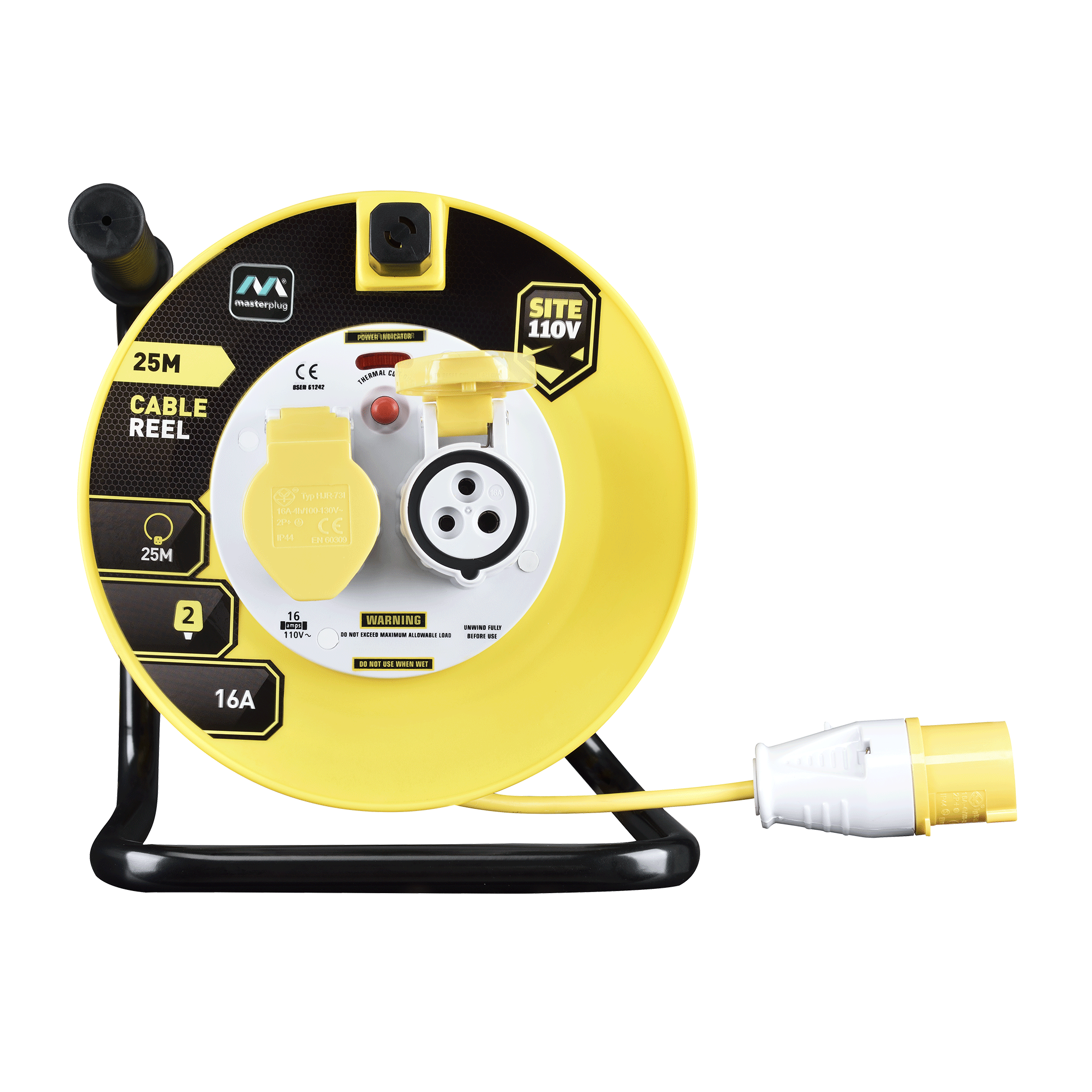 Masterplug 25m 110V 16A Open Cable Reel with 2 Sockets Yellow