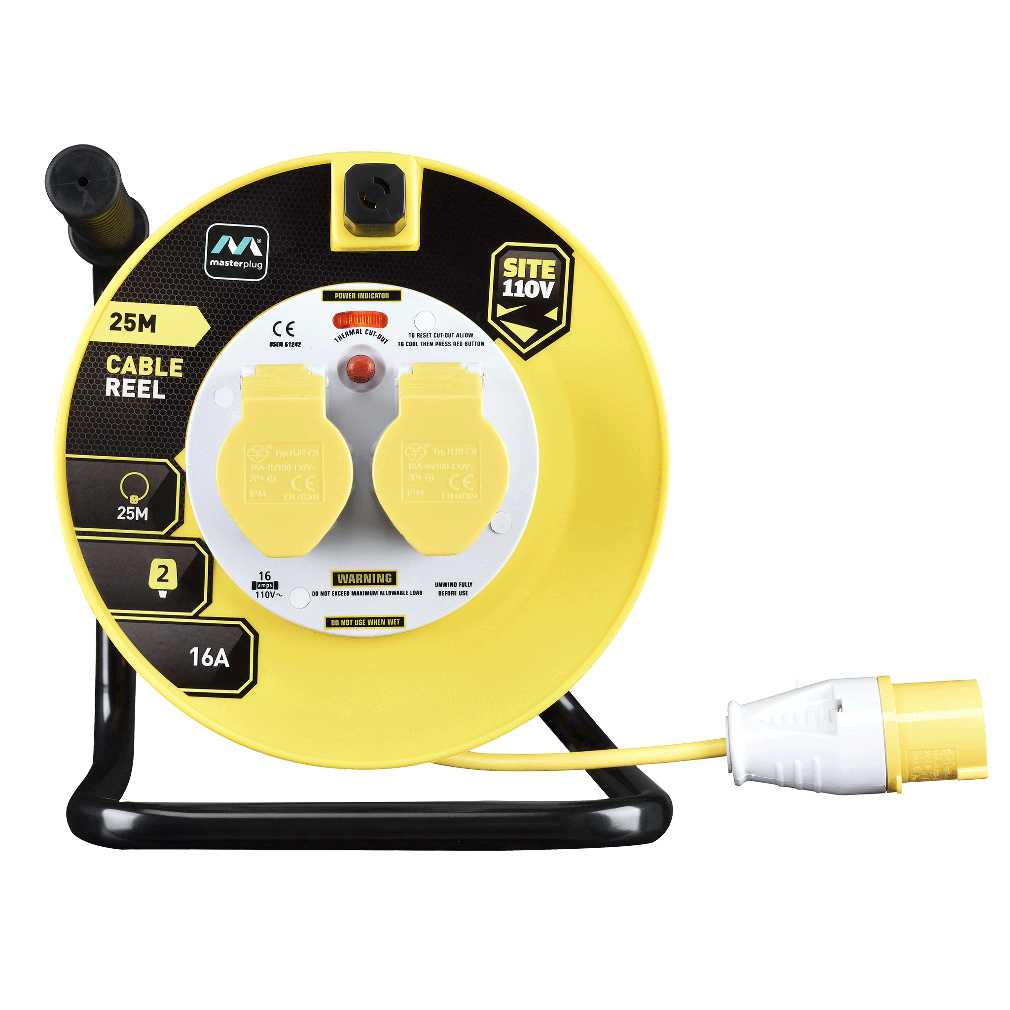 Masterplug 25m 110V 16A Open Cable Reel with 2 Sockets Yellow