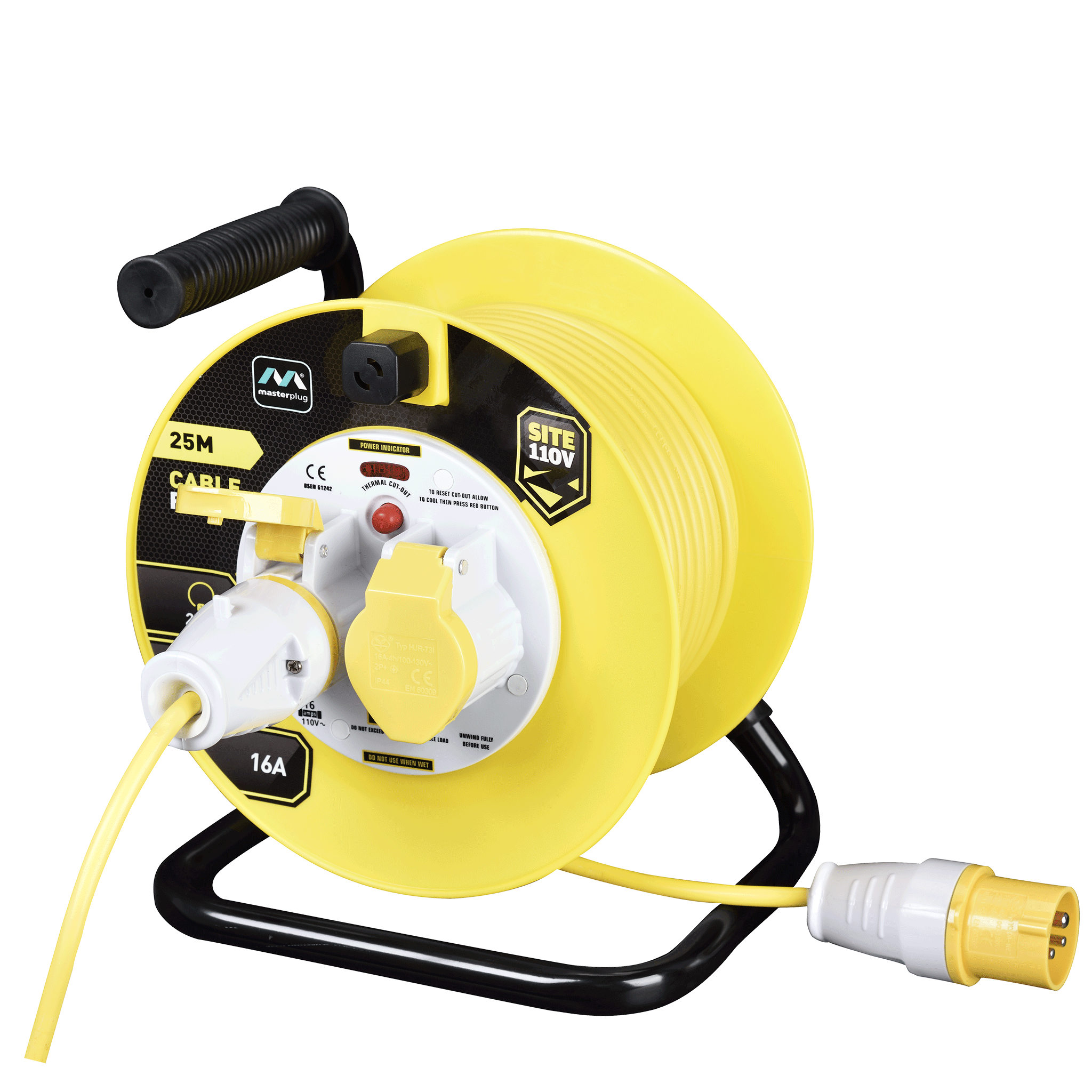 Masterplug 25m 110V 16A Open Cable Reel with 2 Sockets Yellow