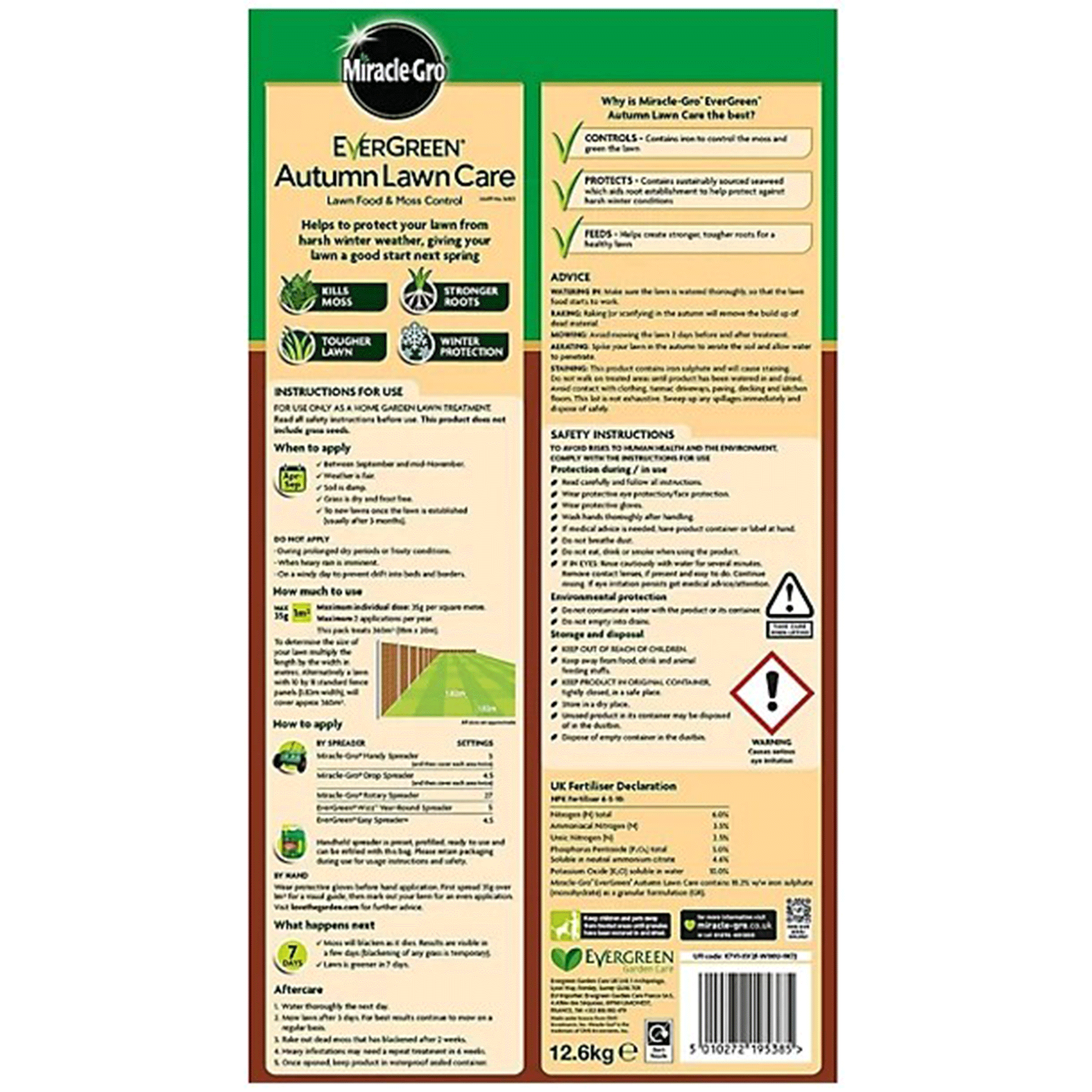 Miracle-Gro EverGreen Autumn Lawn Feed & Moss Killer 360m² – 12.6kg