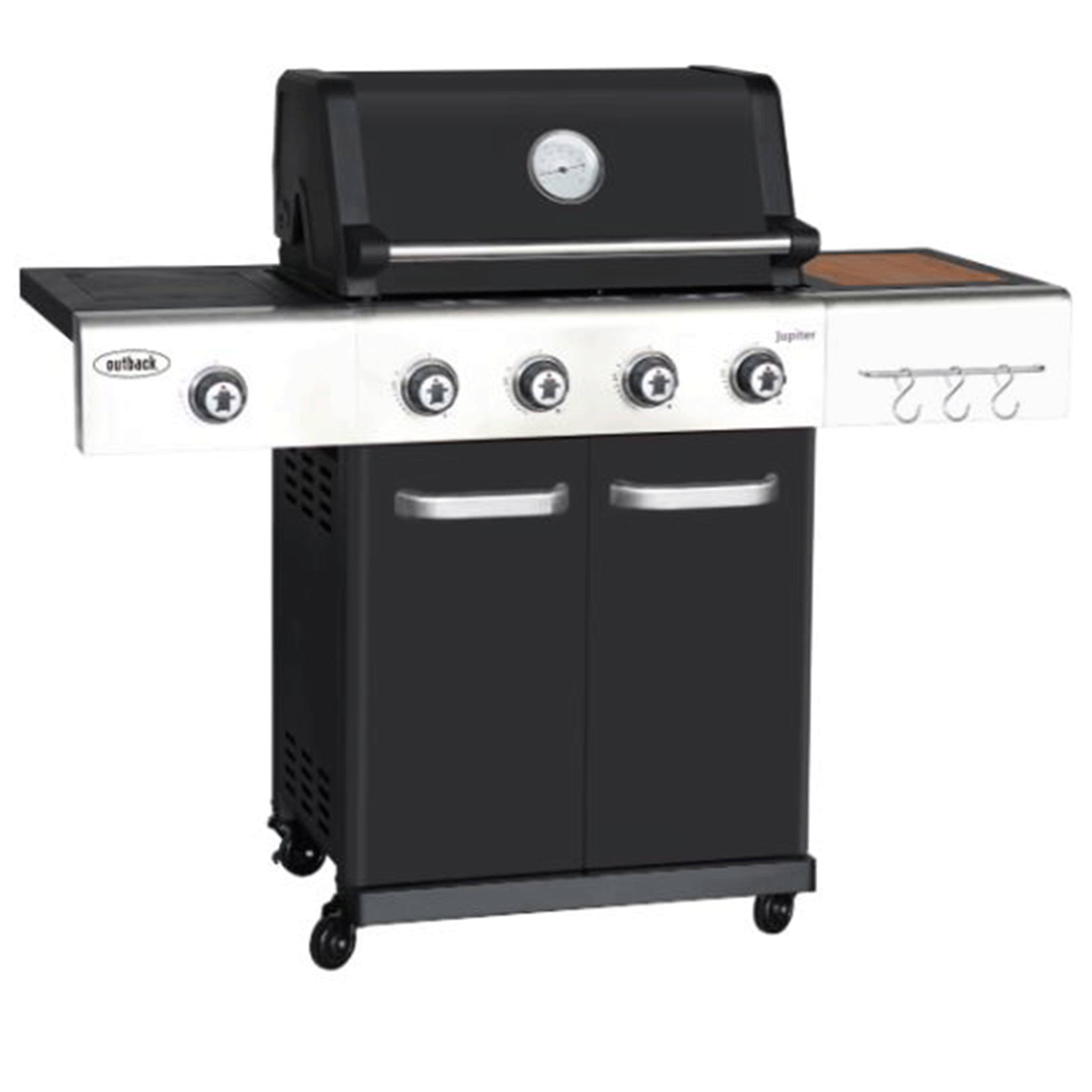 Outback Jupiter Black 4 Burner Hybrid BBQ with Chopping Board