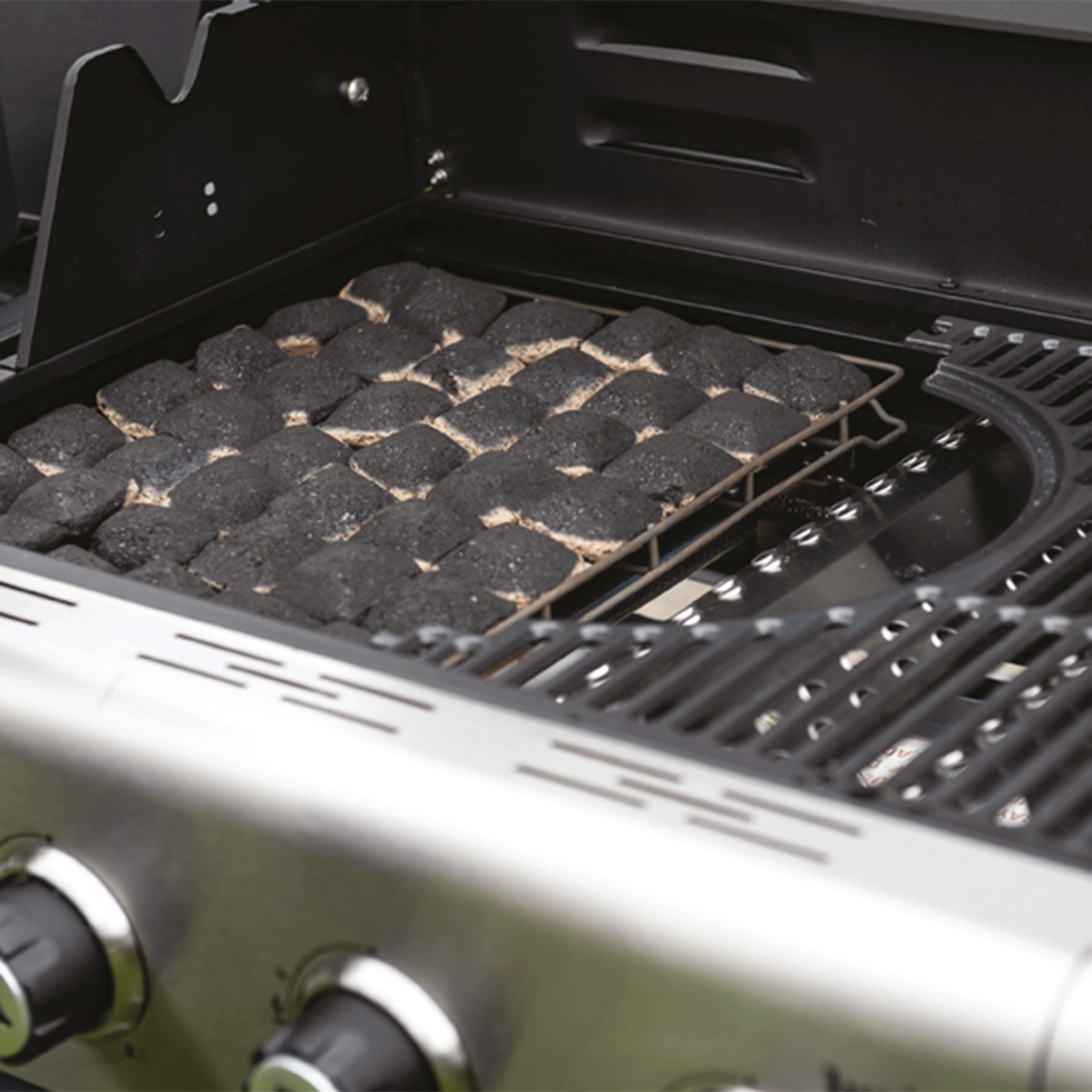 Outback Jupiter Black 4 Burner Hybrid BBQ with Chopping Board