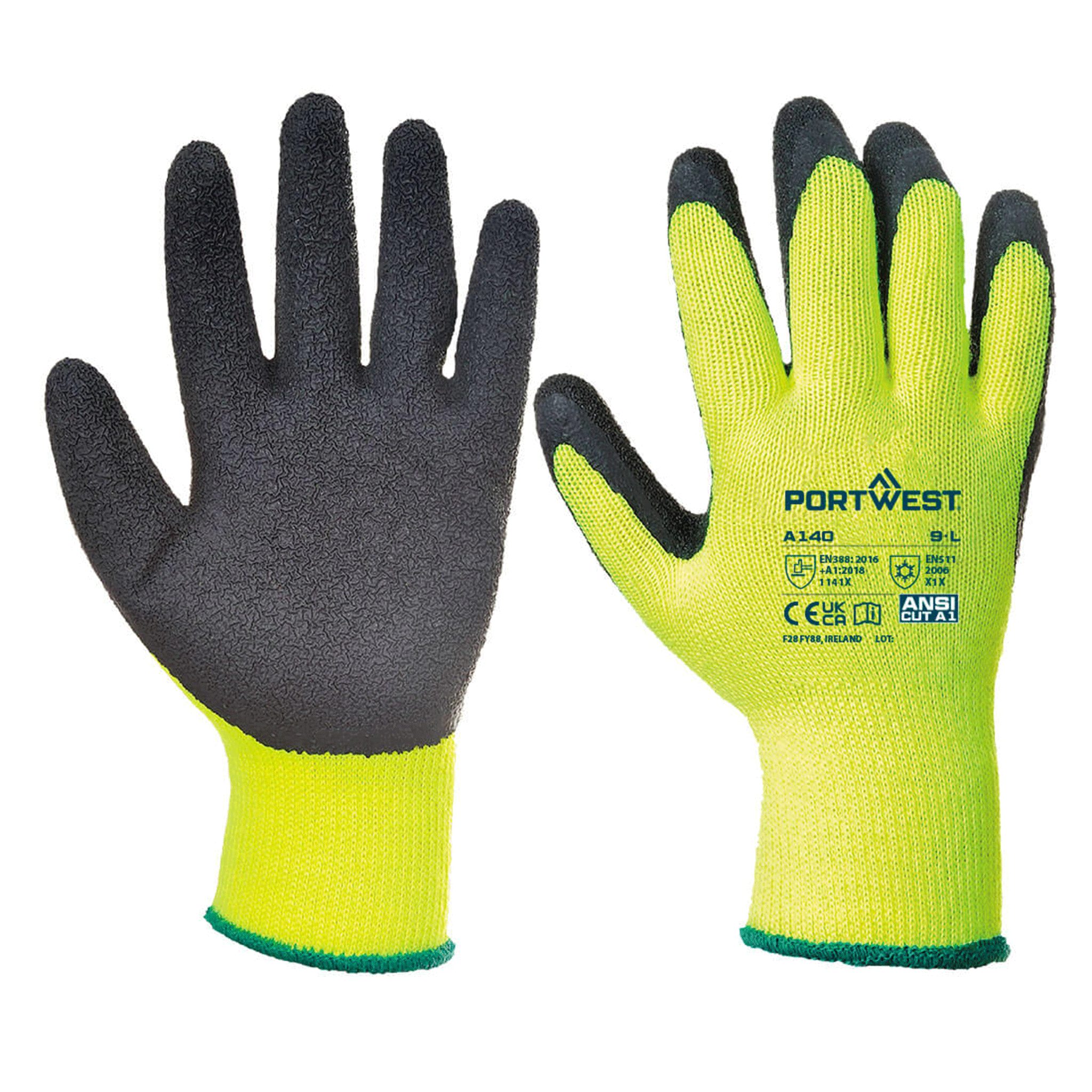 Portwest A140 Cold 10 Latex Crinkle Glove in Yellow & Black