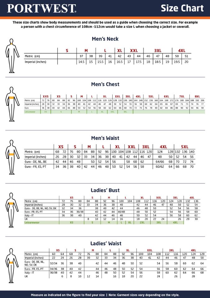 Portwest Size Chart - Mens & Women's