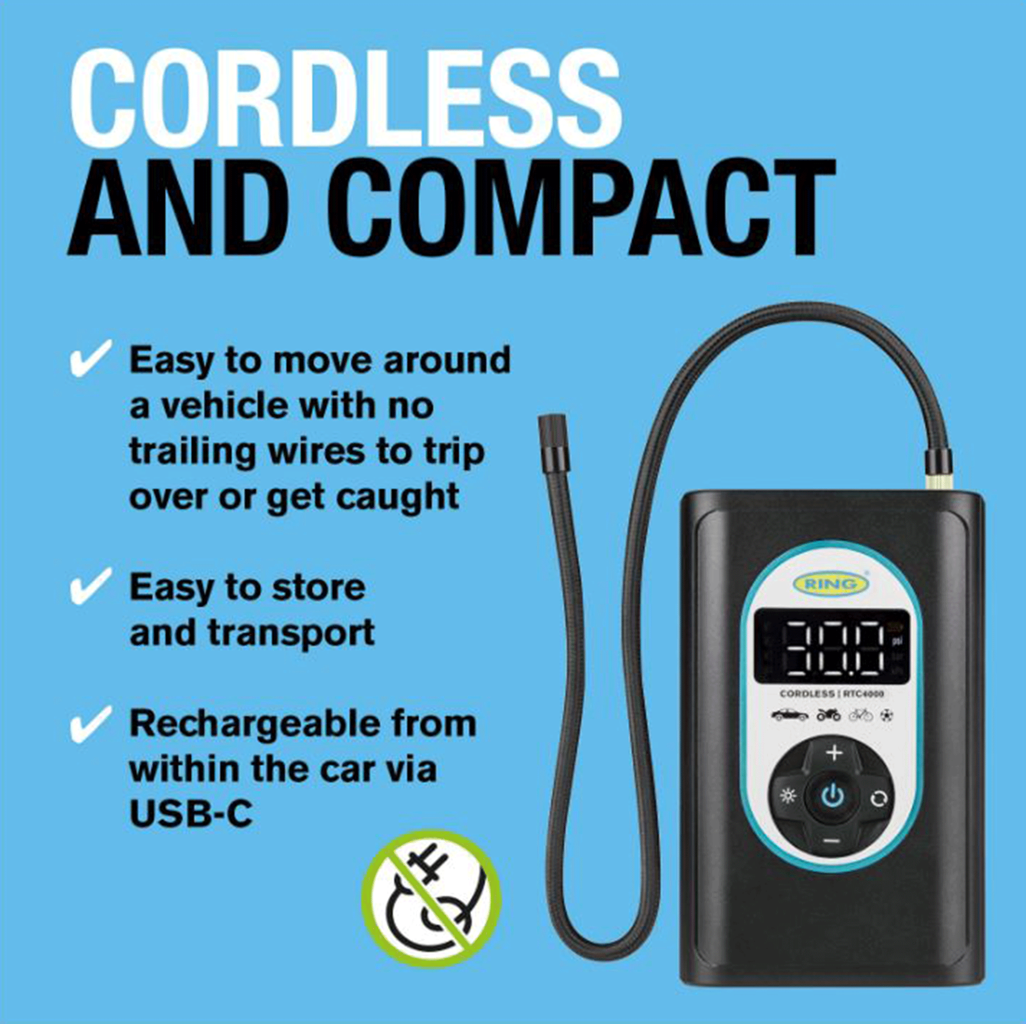 Ring Automotive Cordless Digital Rechargeable Tyre Inflator