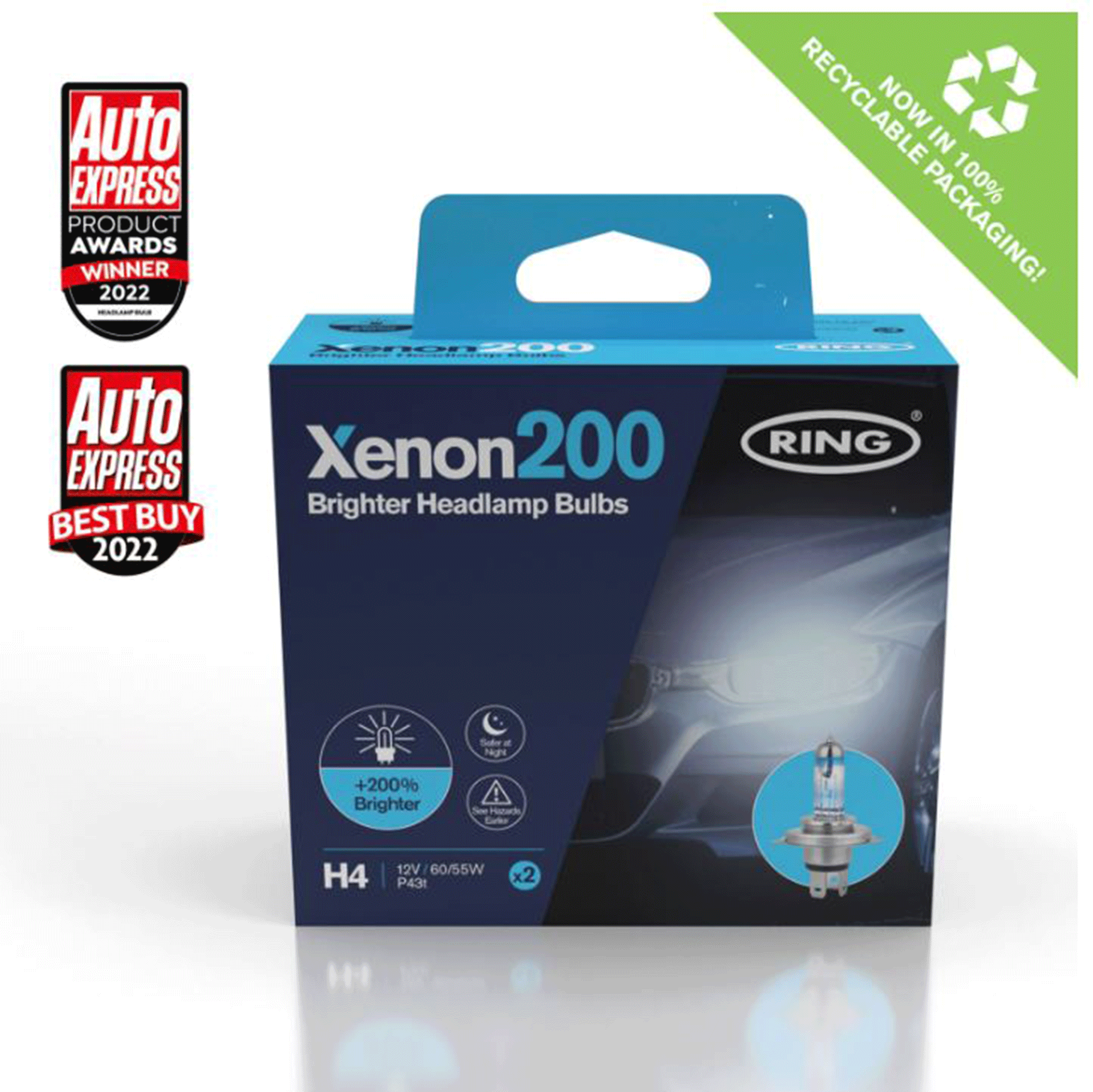 Ring Automotive H4 Xenon200 Brighter Headlamp Bulbs 12V 2 Pack